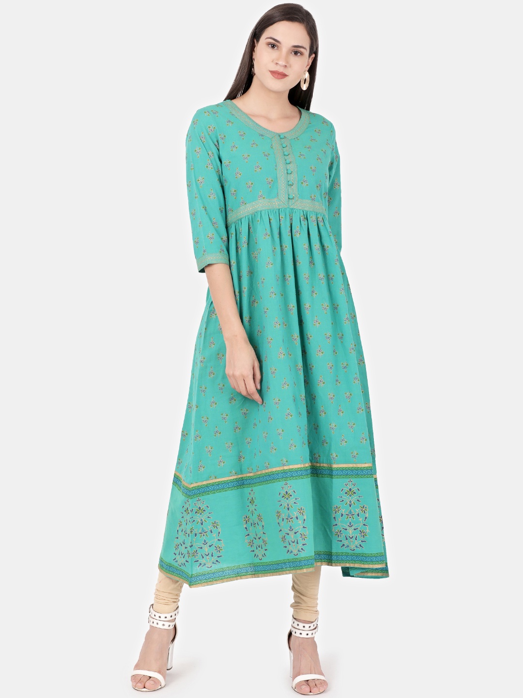 

Alena Women Green & Beige Printed A-Line Kurta