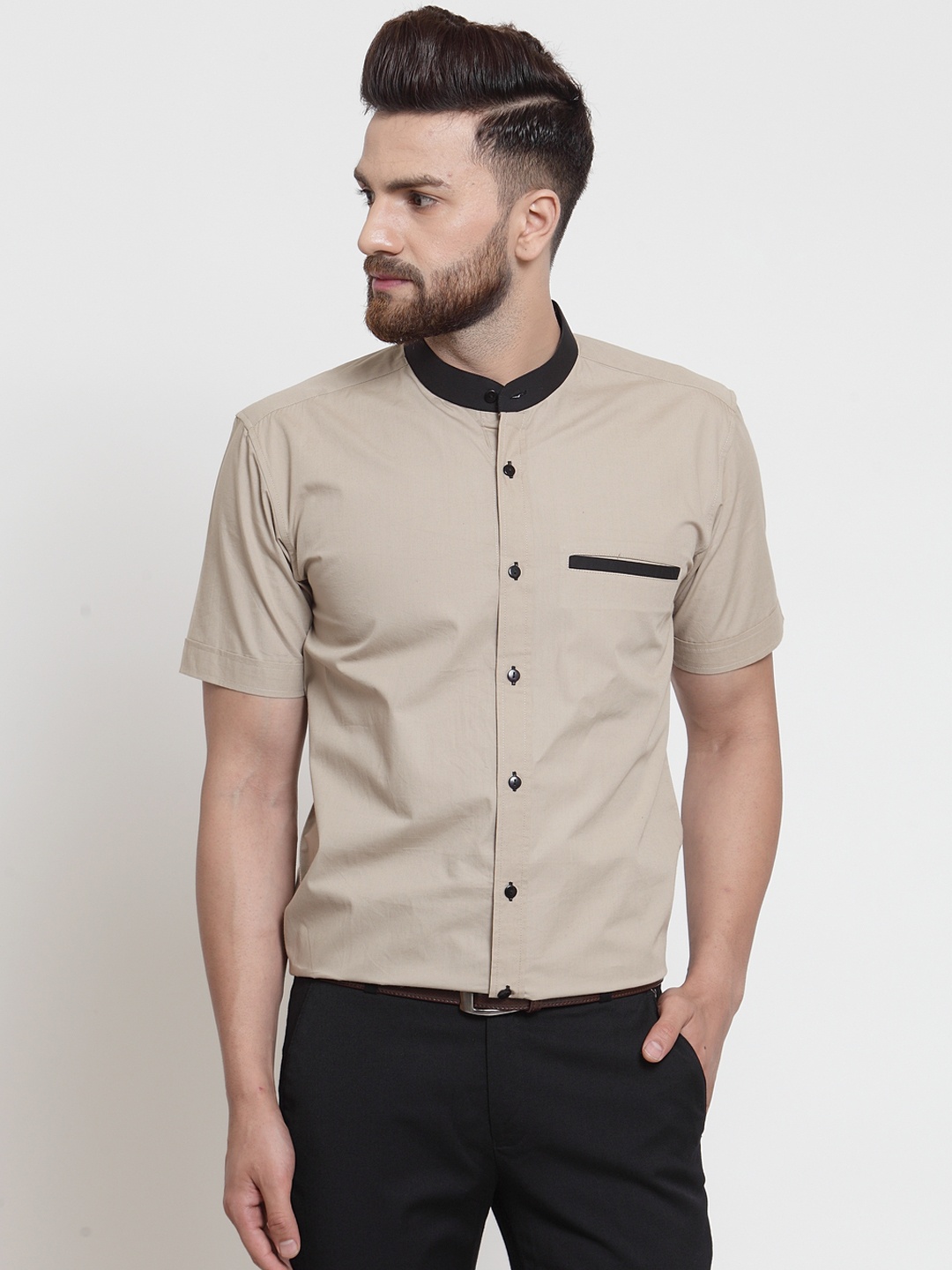 Purple State Men Beige Slim Fit Solid Formal Shirt