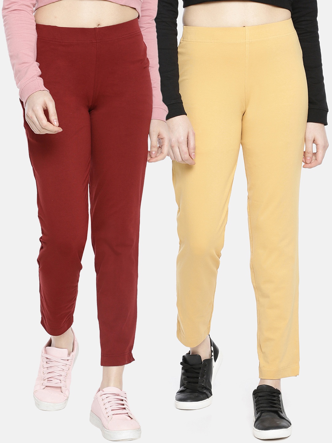 

Dollar Missy Women Pack of 2 Trousers Smart Straight Fit Solid Regular Trousers, Maroon