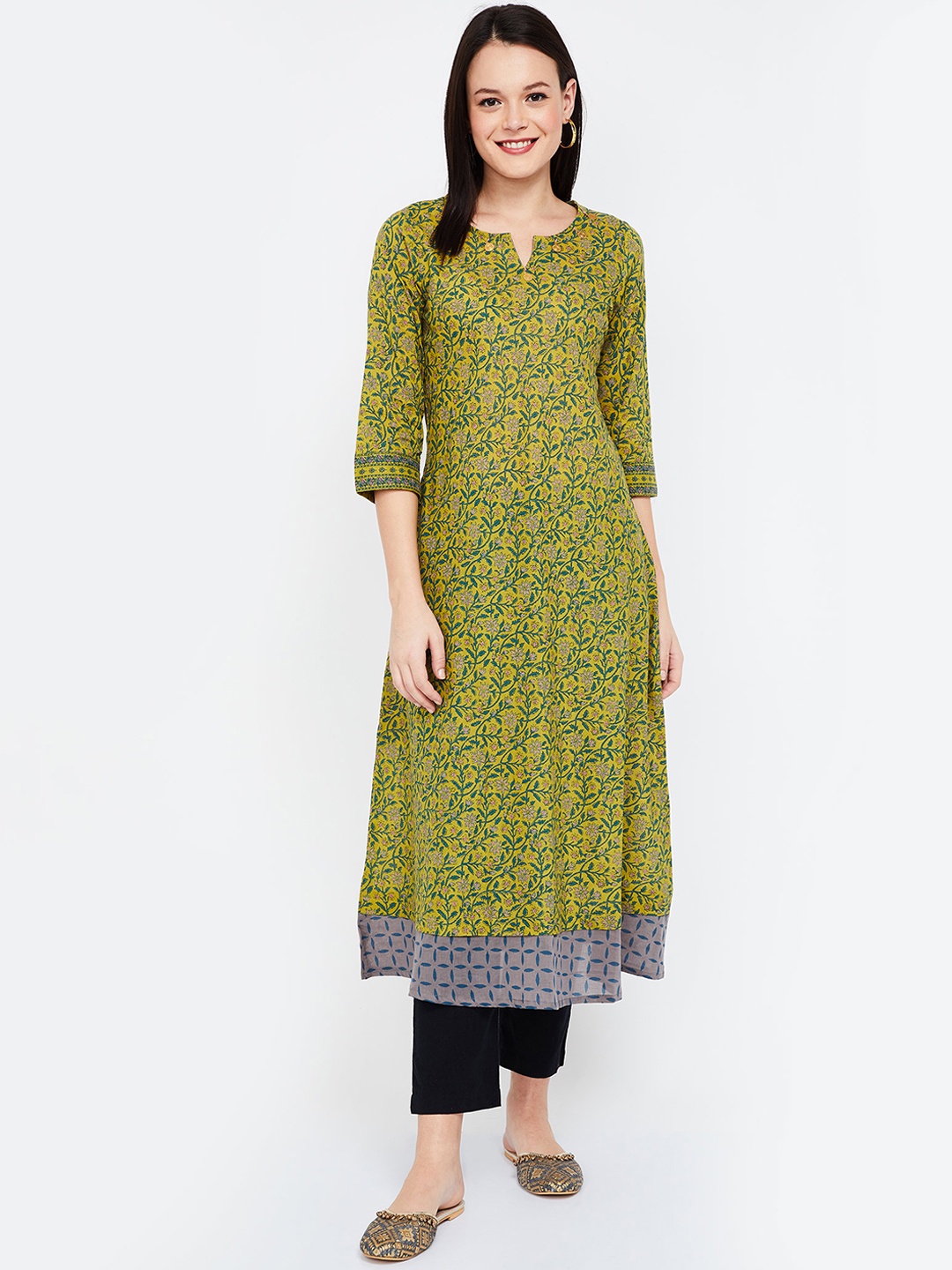 

Melange by Lifestyle Women Yellow & Green Printed A-Line Kurta
