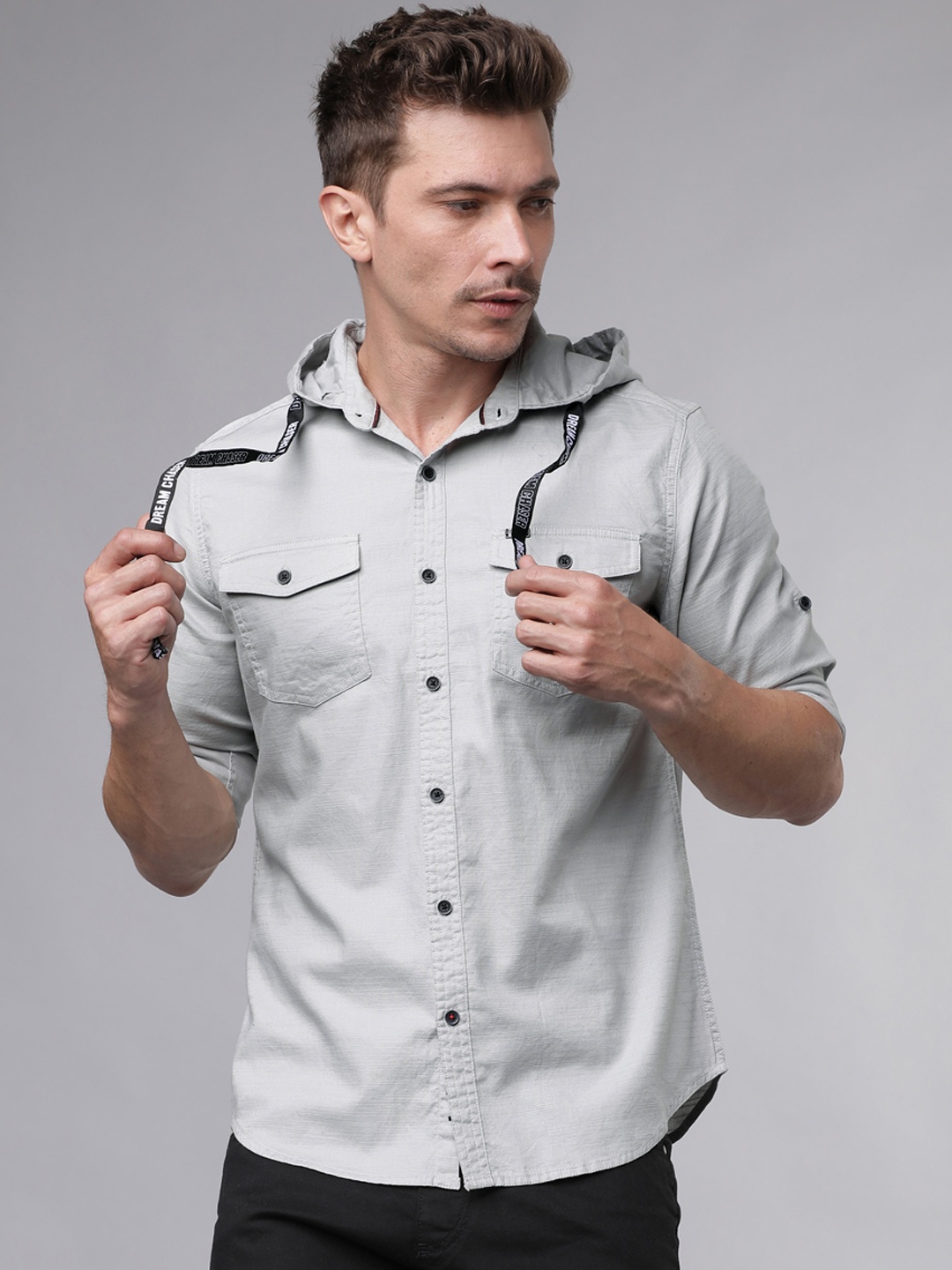 

LOCOMOTIVE Men Grey Slim Fit Printed Casual Hooded Shirt