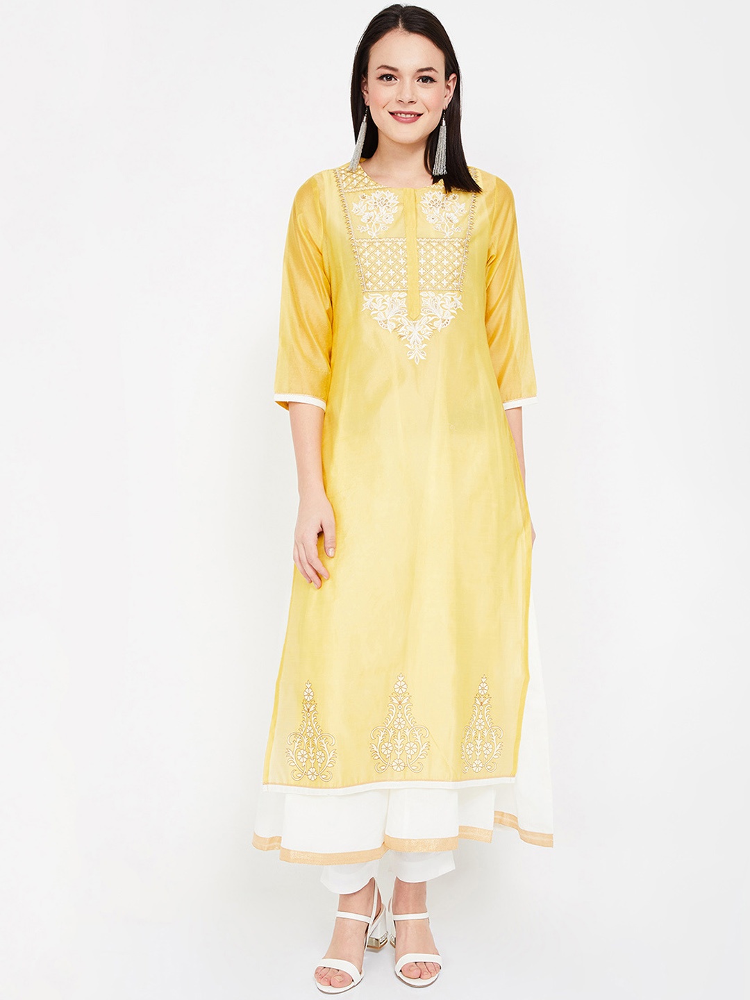 

Melange by Lifestyle Women Yellow & White Yoke Design A-Line Kurta