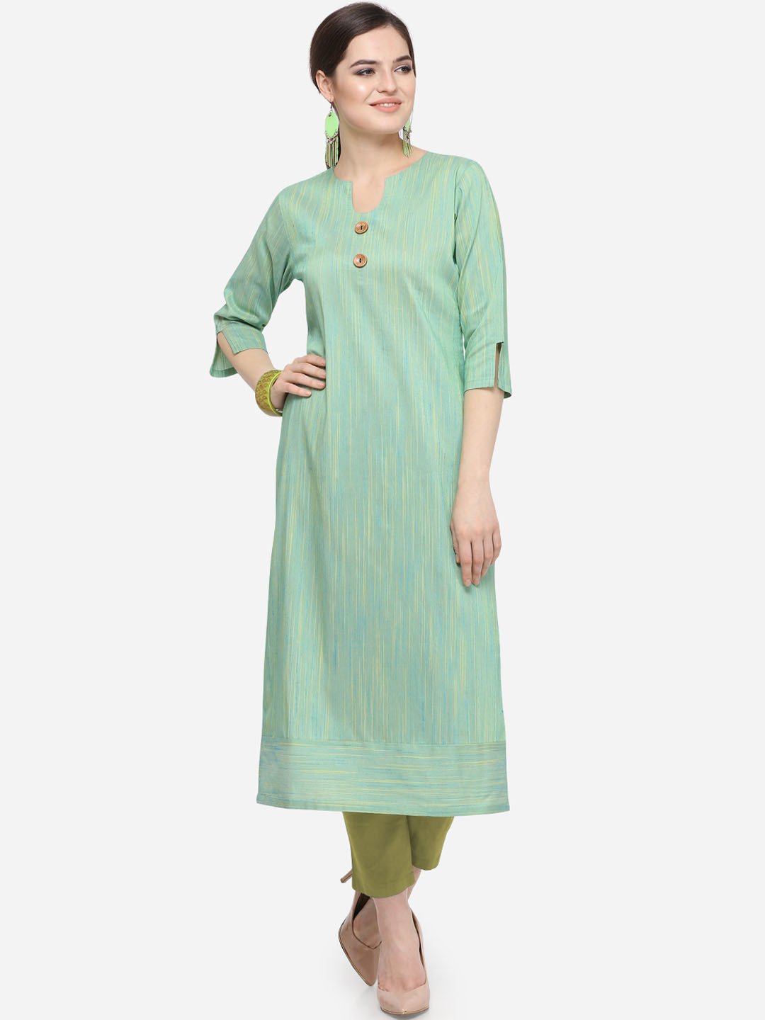 

Kvsfab Women Green Striped Straight Kurta