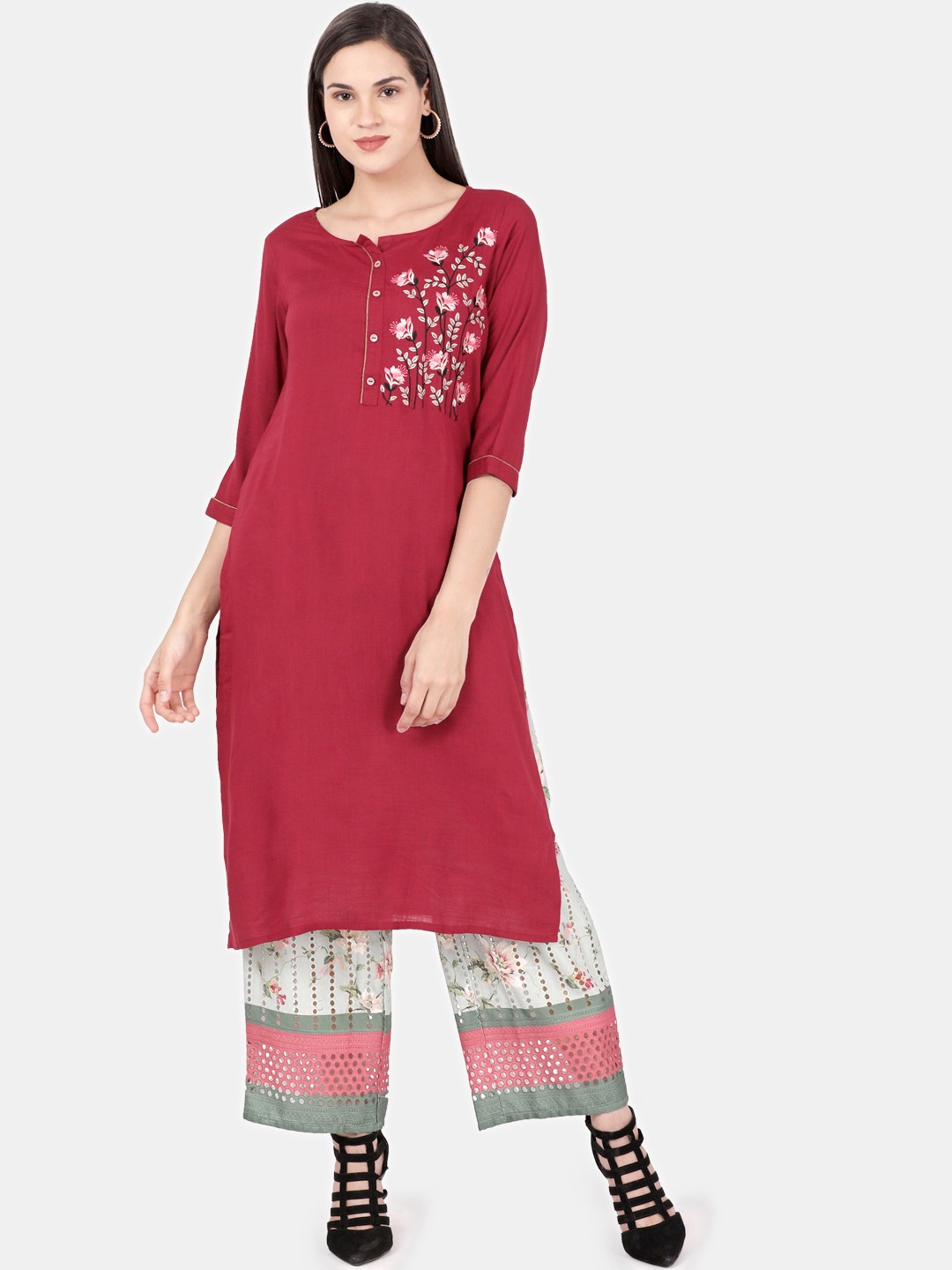 

Alena Women Maroon & Green Embroidered Kurta with Palazzos