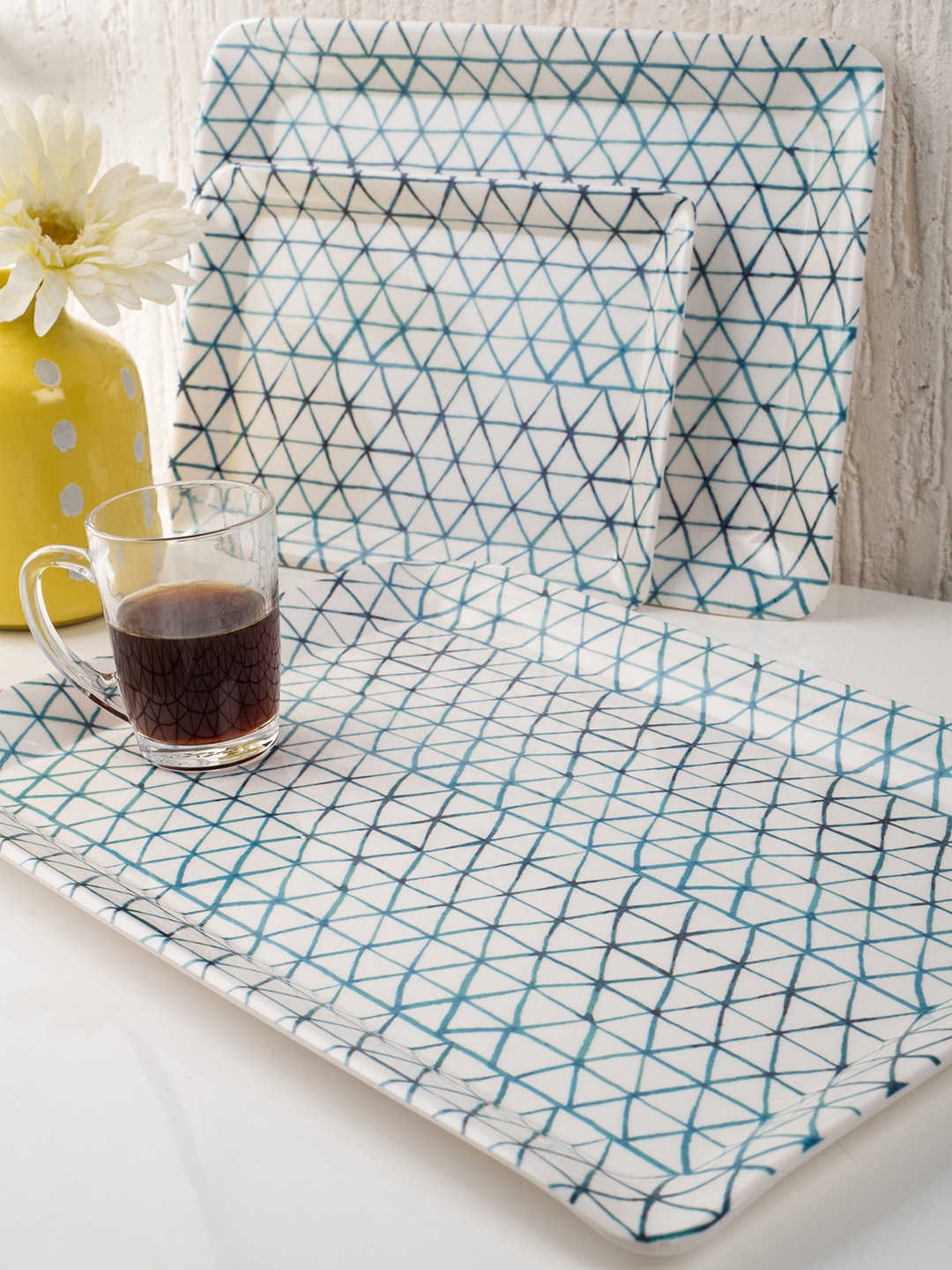 

GOODHOMES Set of 3 White & Teal Green Printed Melamine Serving Trays