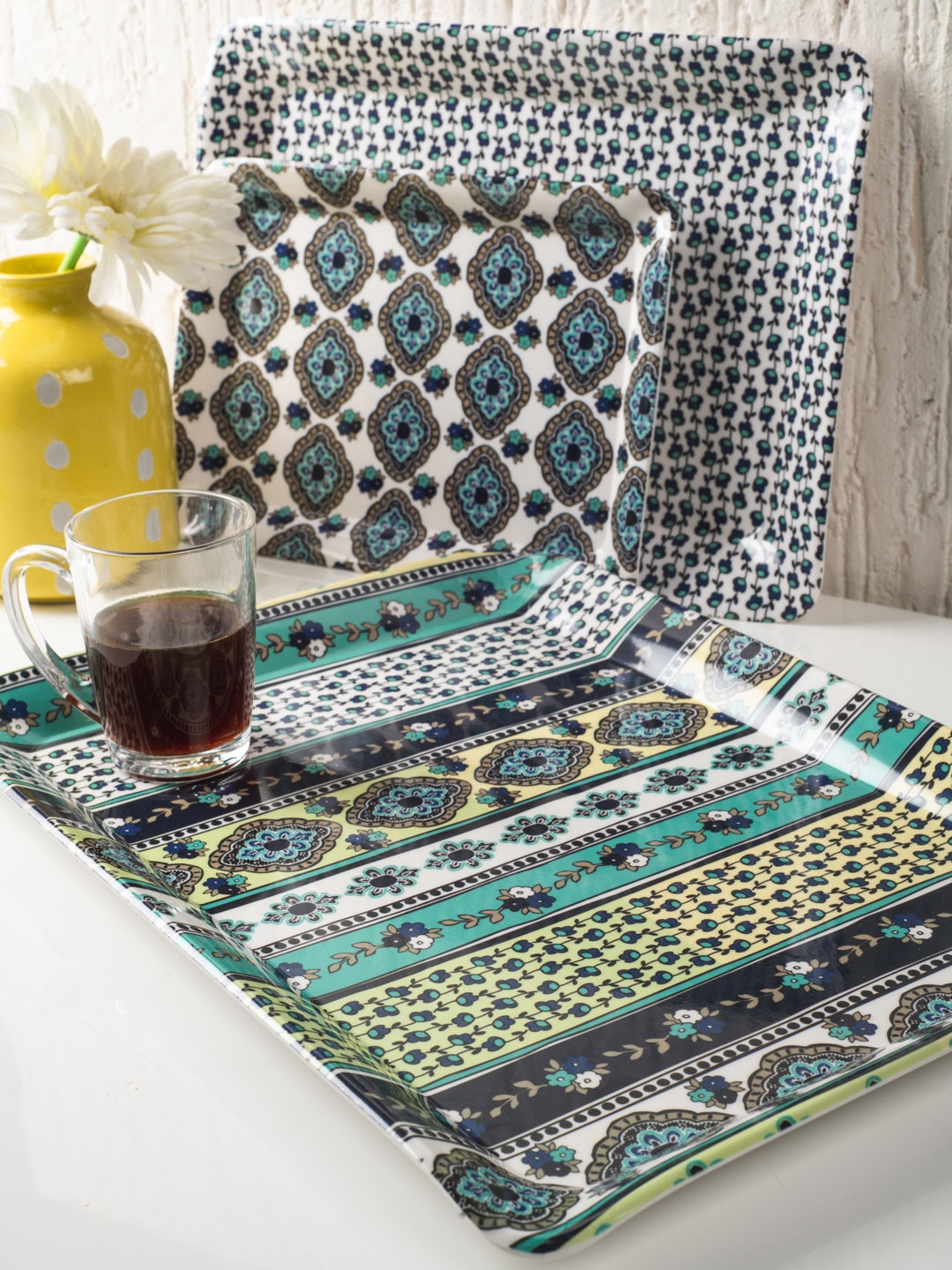 

GOODHOMES Set of 3 White & Navy Blue Printed Rectangular Melamine Serving Trays