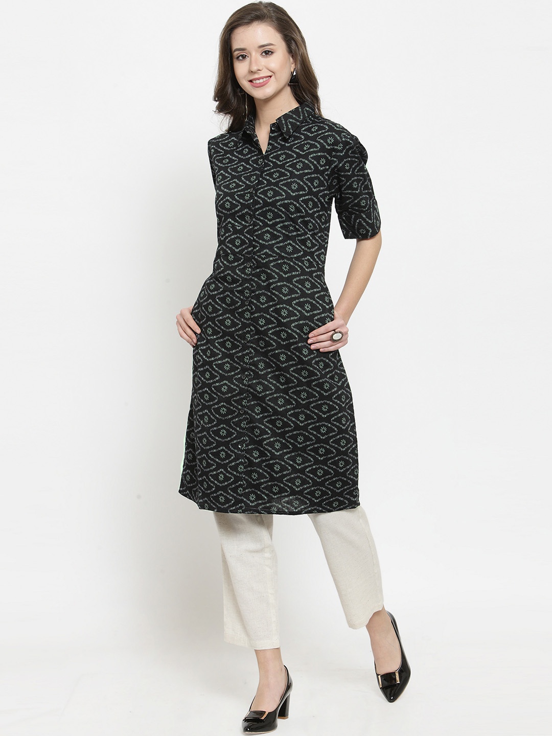 

Get Glamr Women Black & Fluorescent Green Printed Straight Kurta