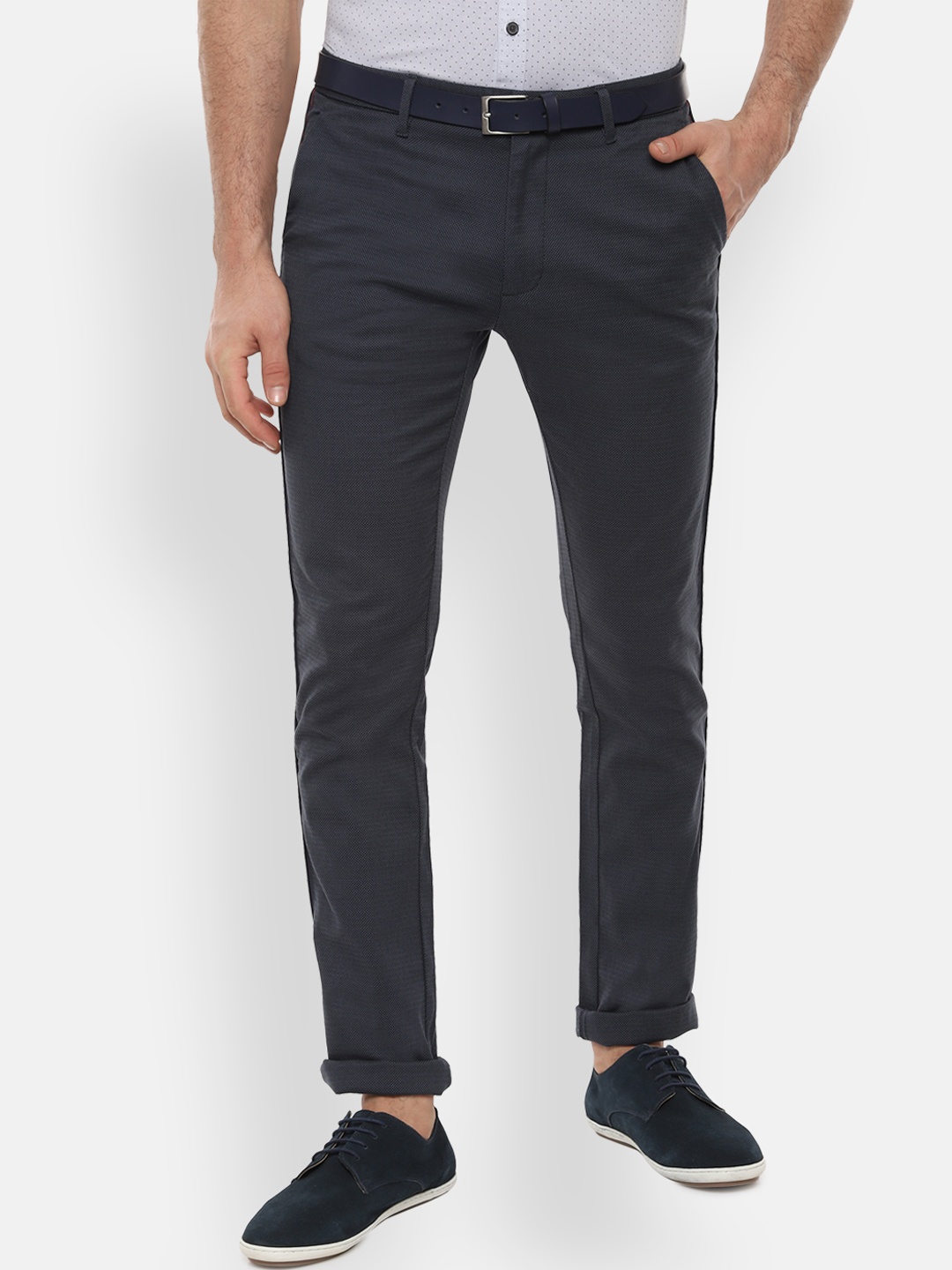 

V Dot Men Grey & Blue Slim Fit Self Design Regular Trousers