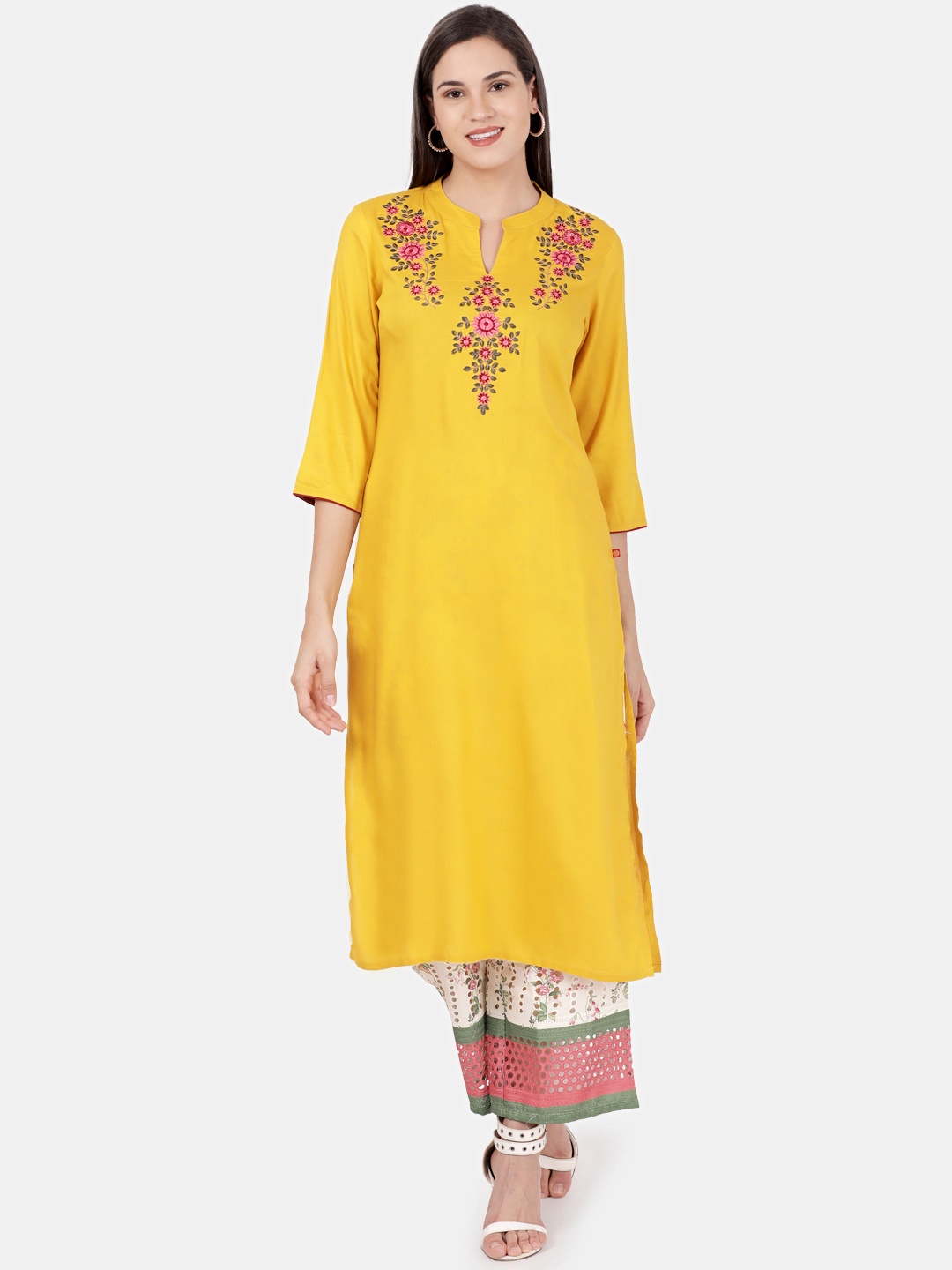 Alena Women Mustard Yellow & White Embroidered Kurta with Palazzos