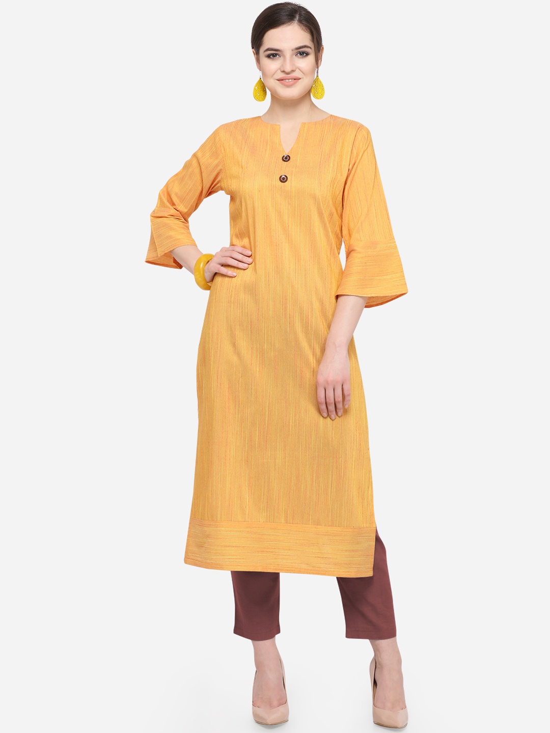 

Kvsfab Women Yellow Striped Straight Kurta