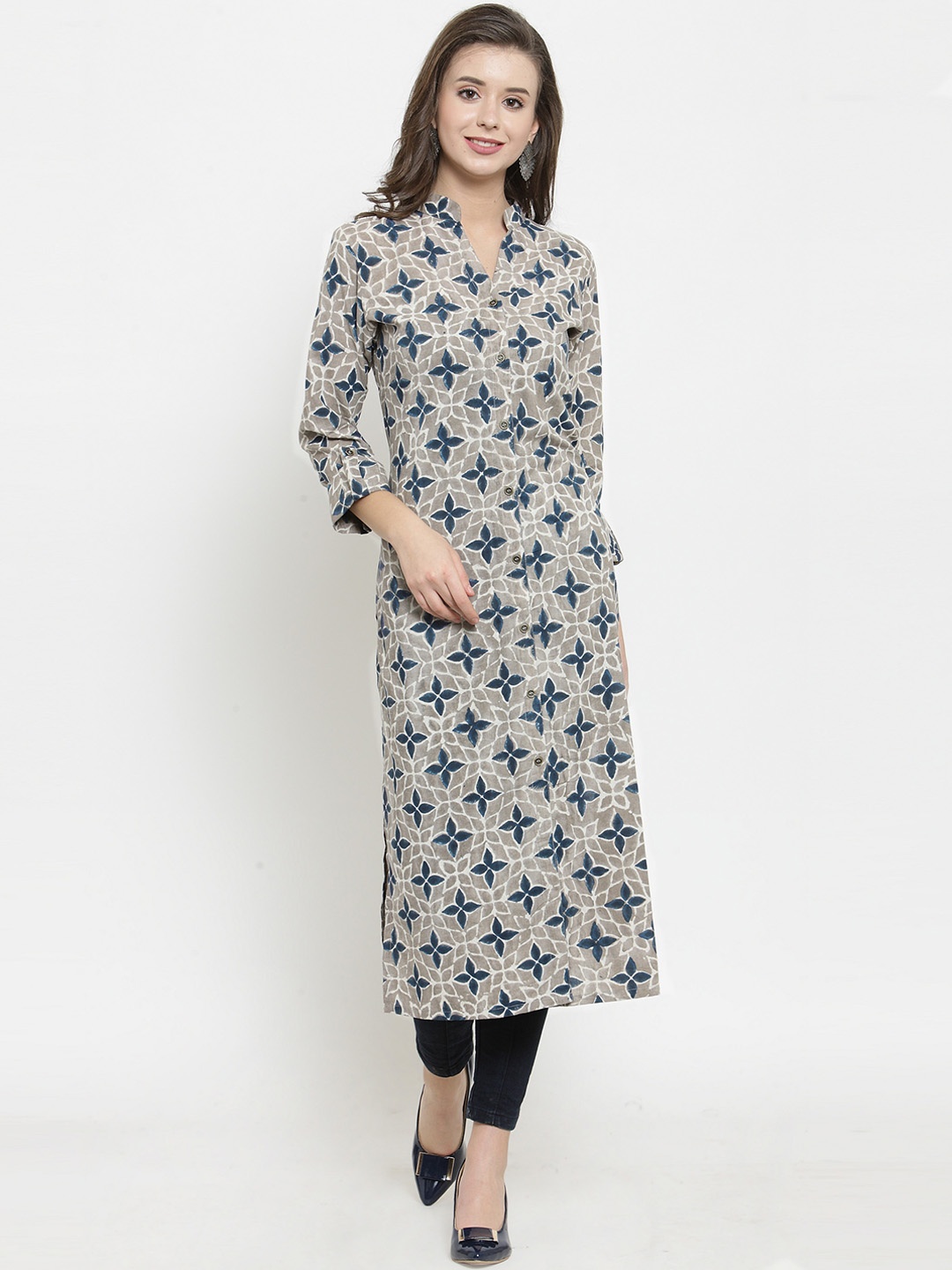 

Get Glamr Women Grey & Blue Printed Straight Kurta