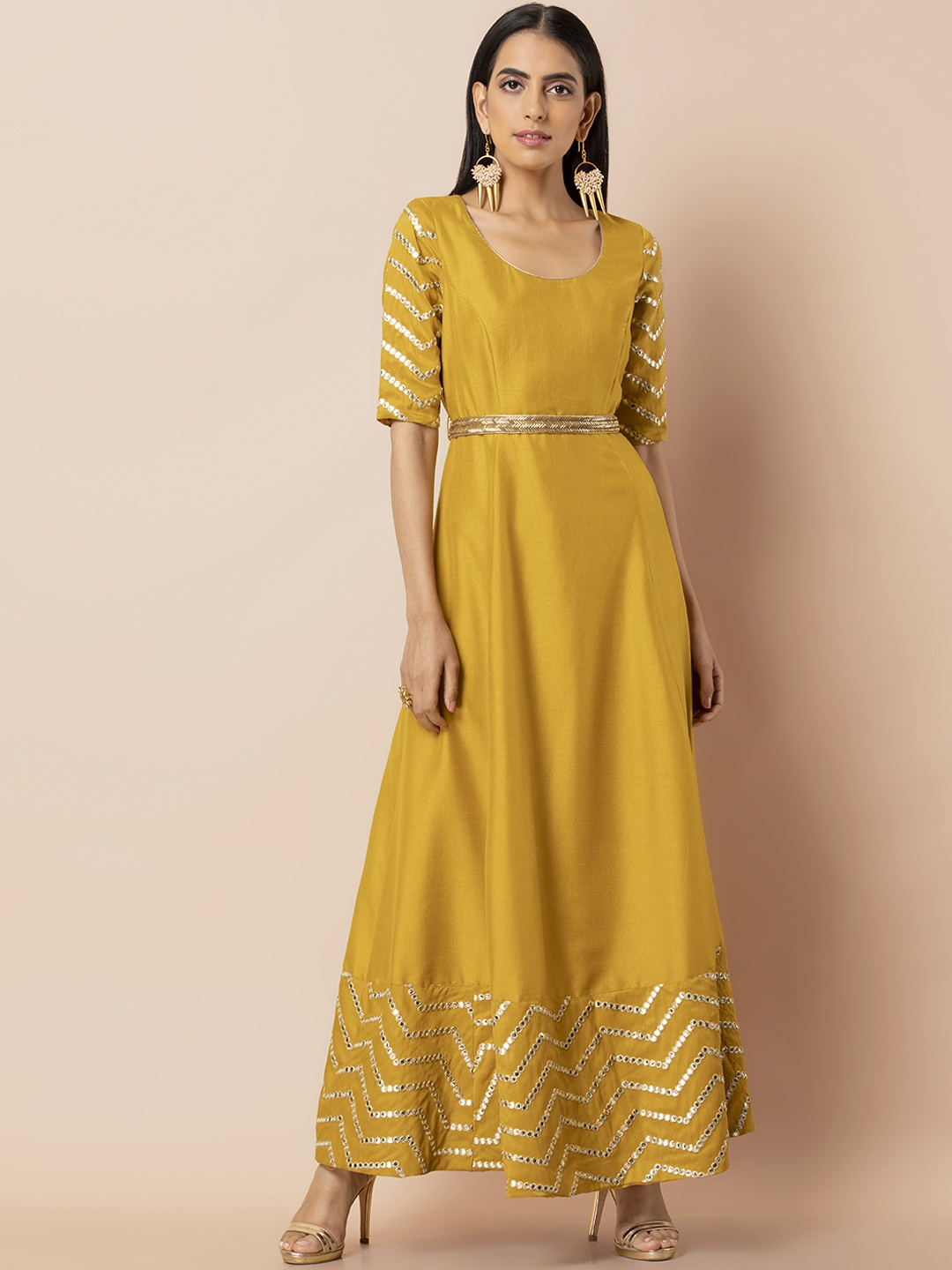 

INDYA Women Mustard Yellow Solid Maxi Dress with Belt