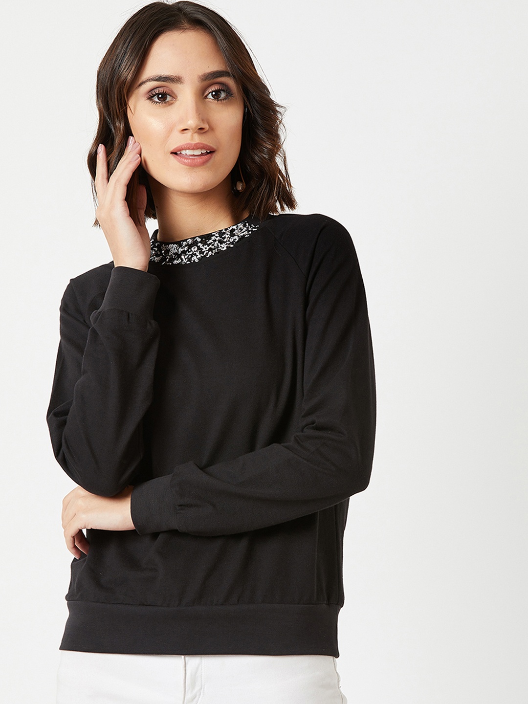 

Miss Chase Women Black Embellished Neck Sweatshirt