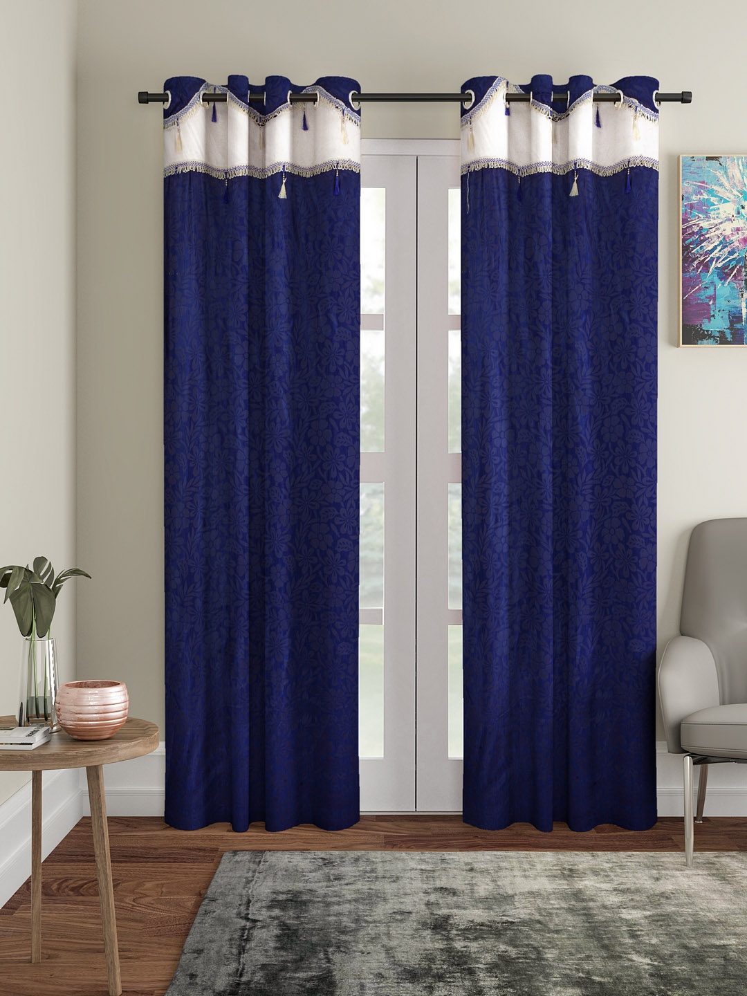 

Cortina Set of 2 Navy Blue & Cream-Coloured Door Curtains