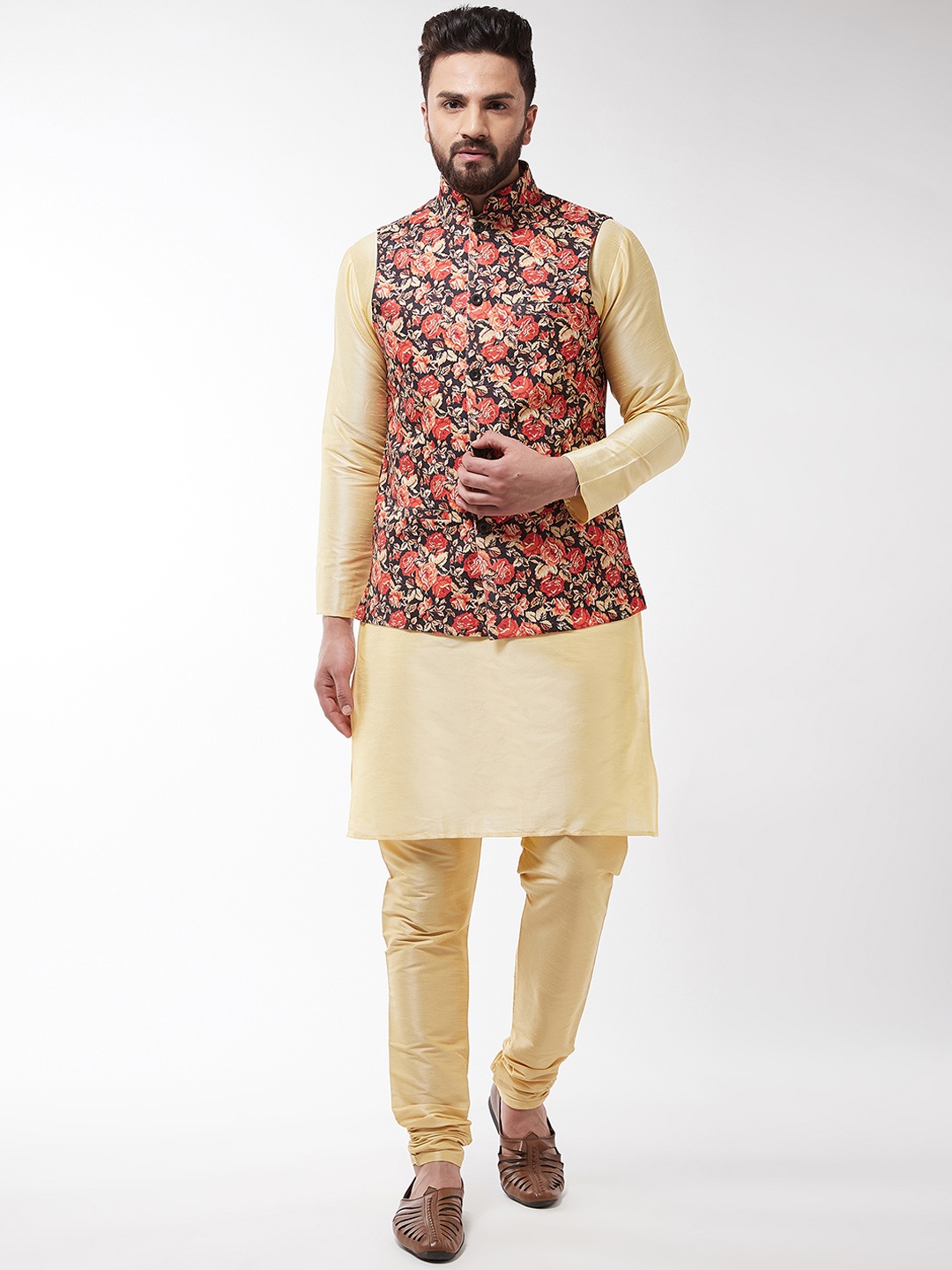 SOJANYA Men Gold-Toned & Black Kurta with Churidar & Printed Nehru Jacket