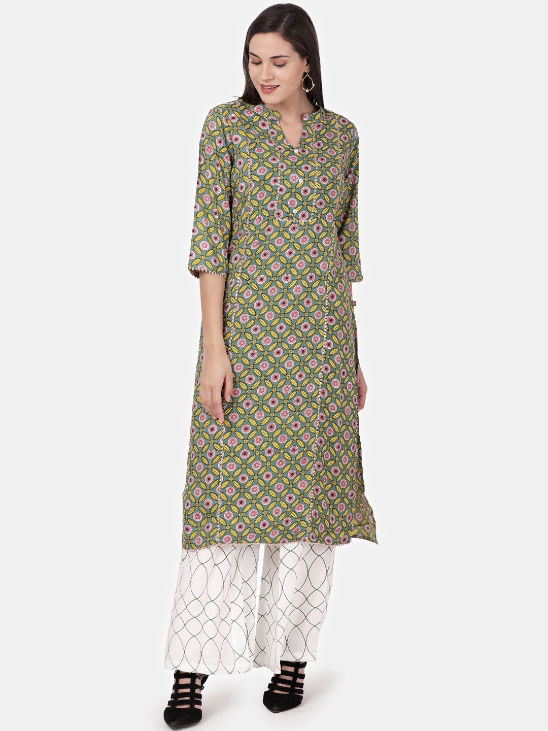 

Alena Women Green & White Printed Kurta with Palazzos