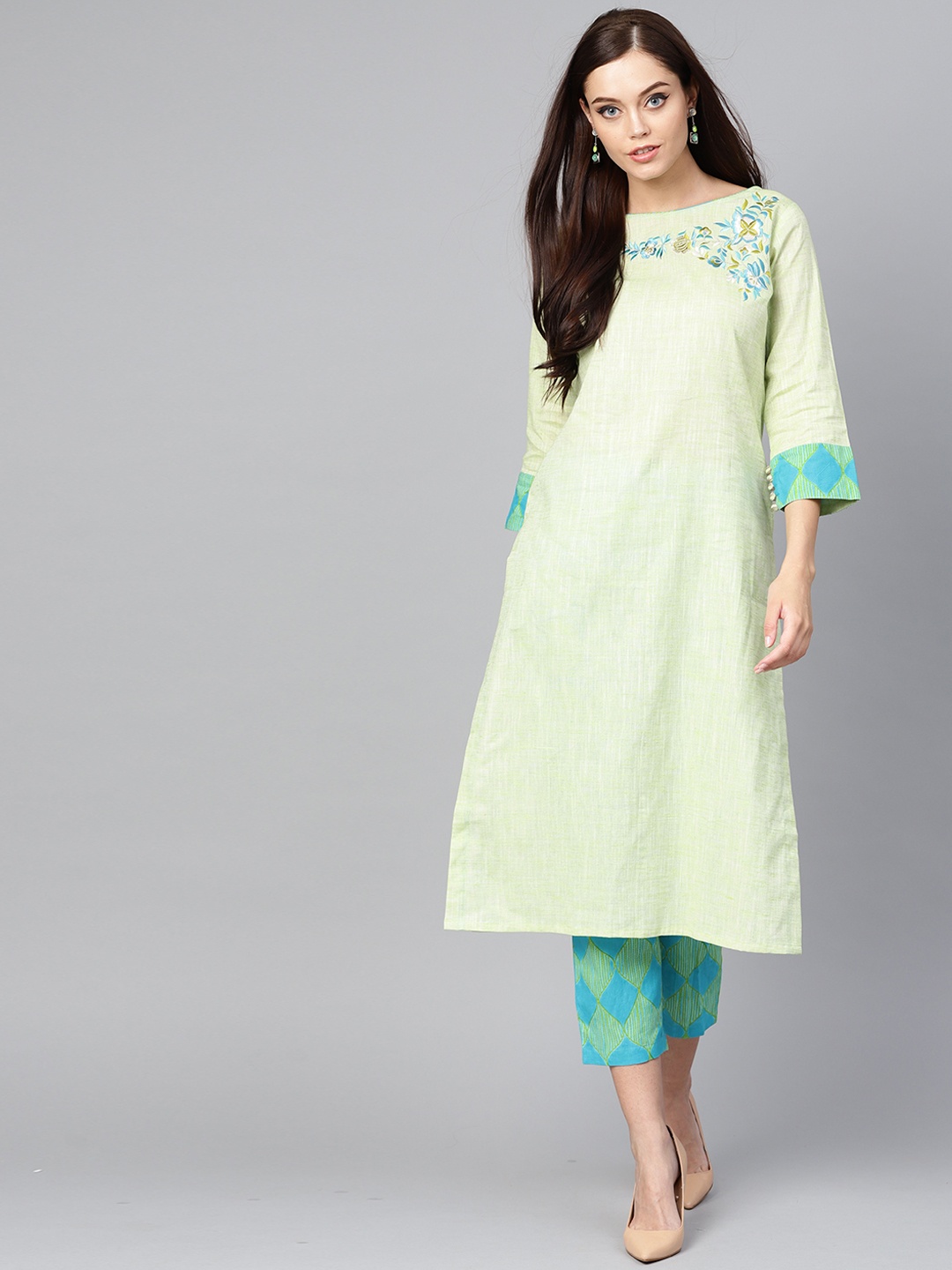 

Indo Era Women Green & Sea Green Embroidered Kurta with Trousers