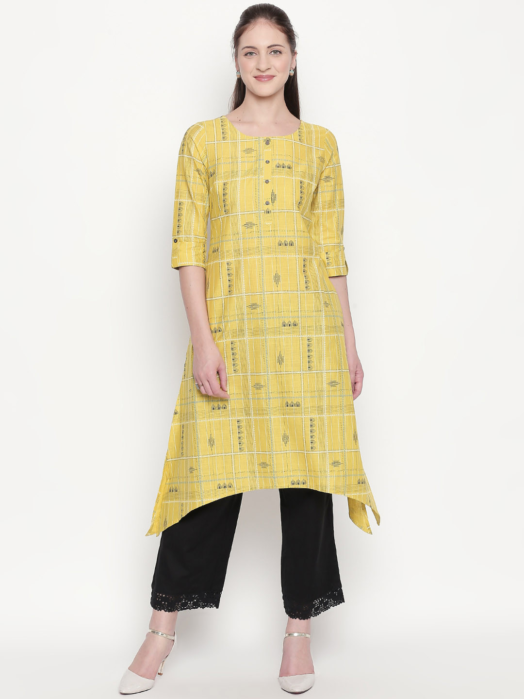

RANGMANCH BY PANTALOONS Women Yellow & Grey Printed Straight Kurta