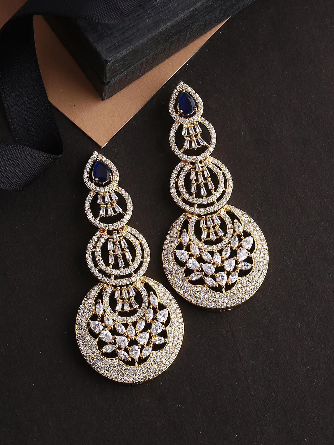 

Studio Voylla Gold-Plated CZ-Studded Crescent Shaped Chandbalis