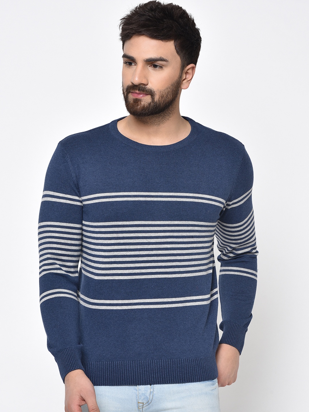 

ARMISTO Men Navy Blue & Grey Striped Pullover Sweater