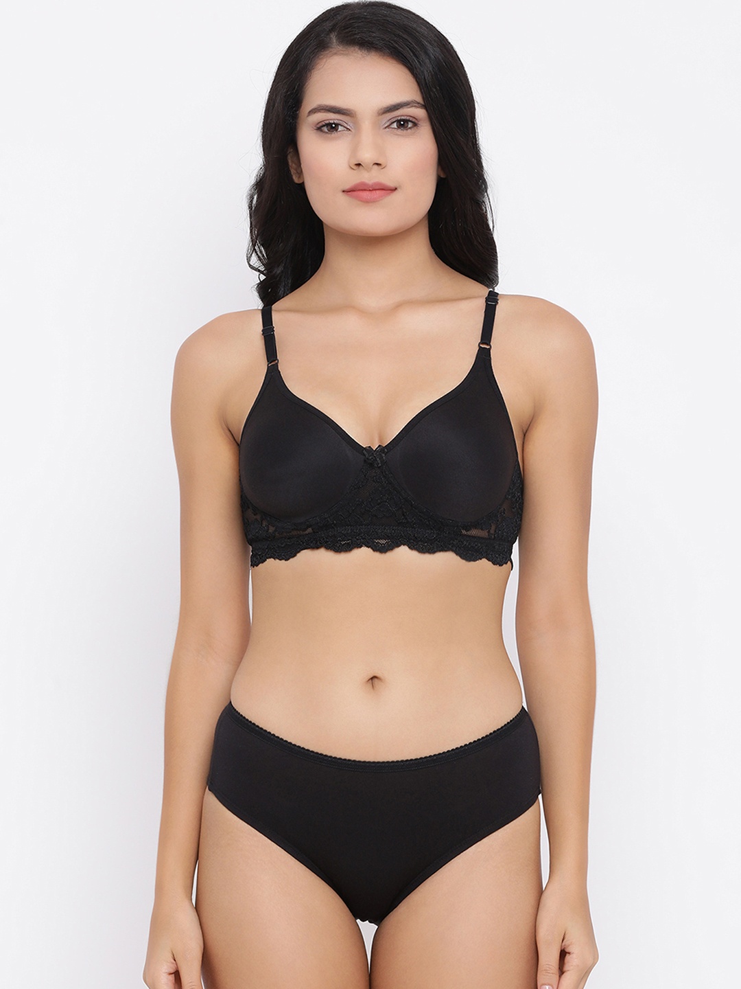 Clovia Women Black Solid Lingerie Set COMBBP90532B