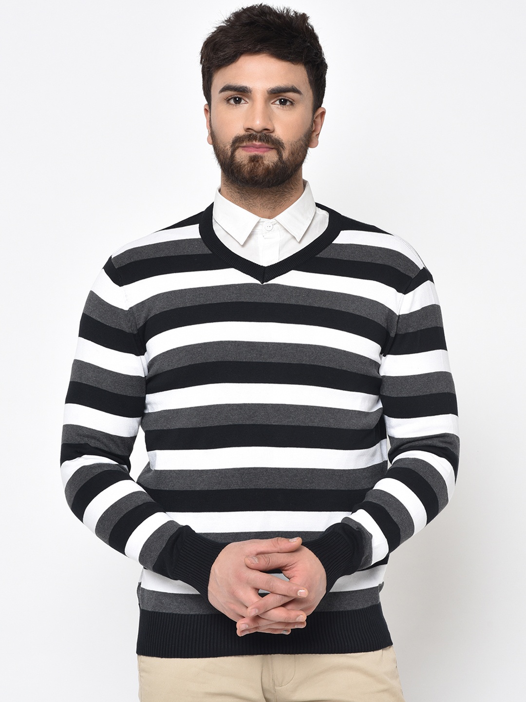 

ARMISTO Men Black & White Striped Pullover Sweater