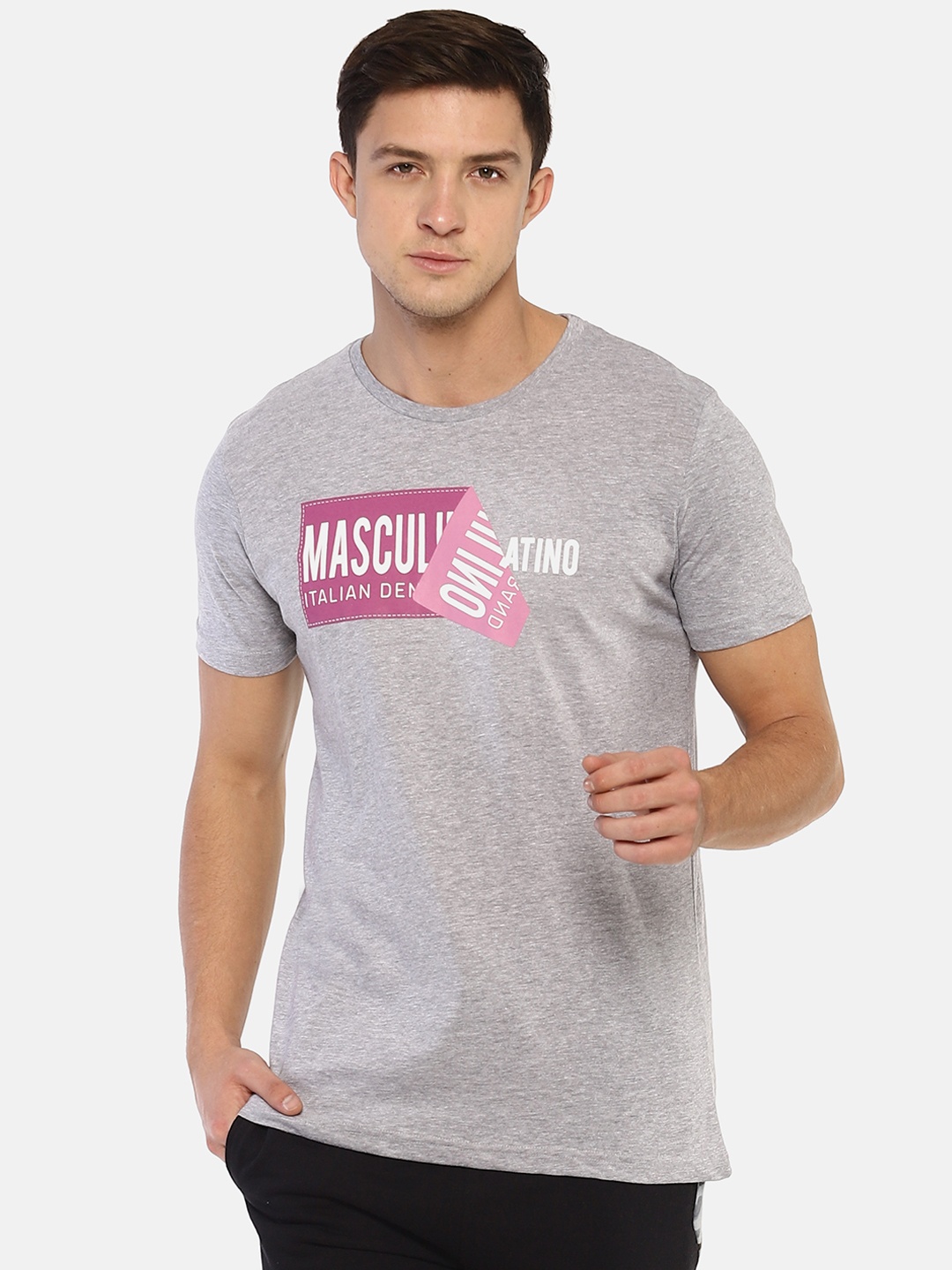 

Masculino Latino Men Grey Melange Printed Round Neck T-shirt
