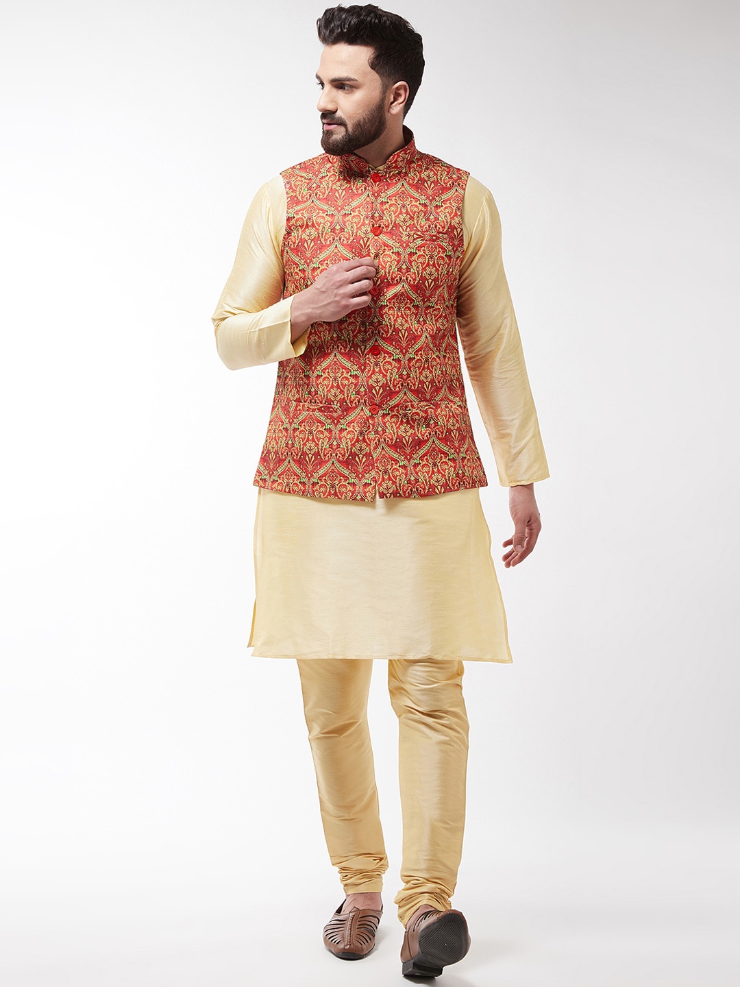 

SOJANYA Men Gold-Toned & Red Printed Kurta with Churidar With Nehru Jacket