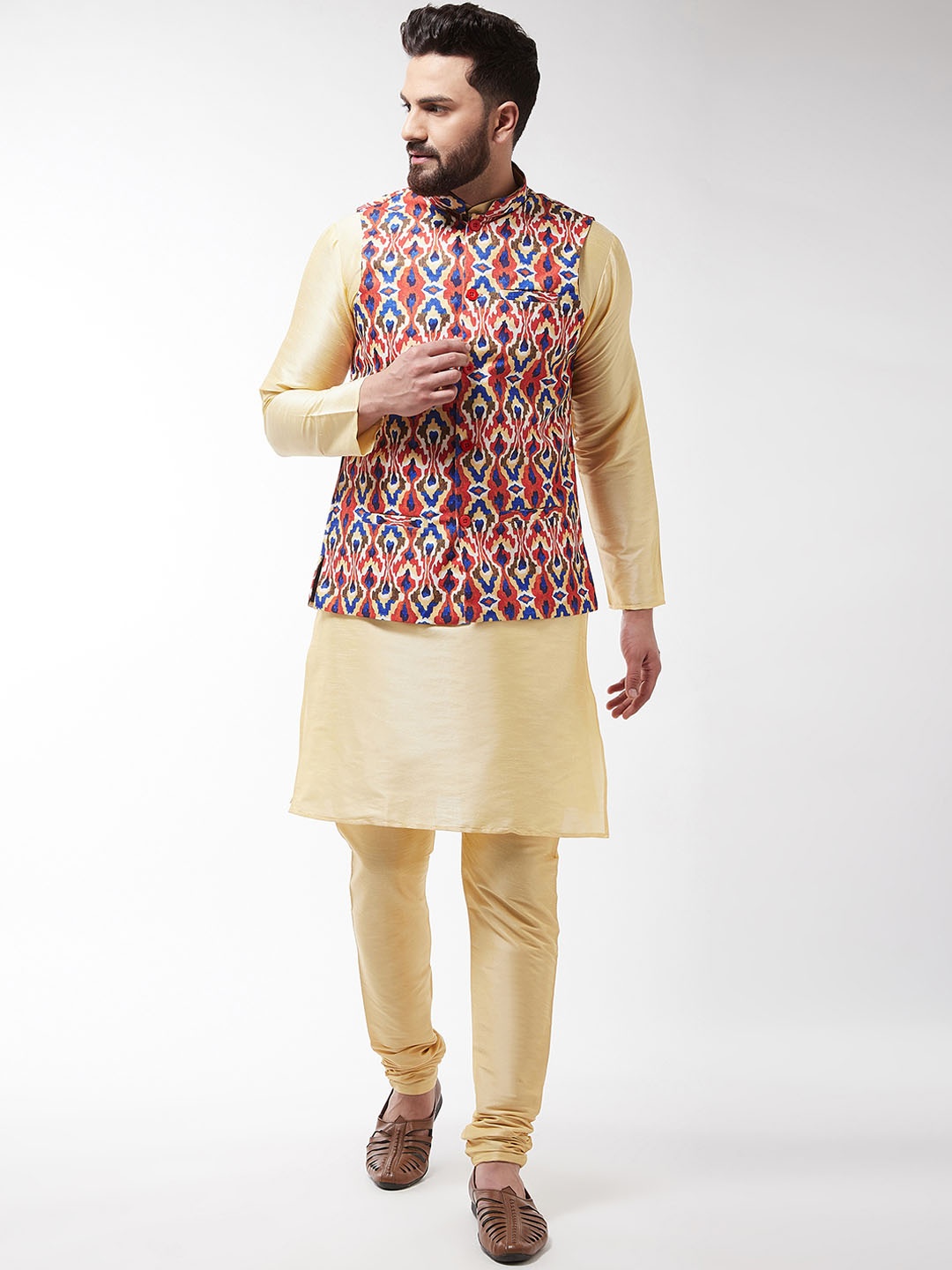 

SOJANYA Men Gold-Toned & Red Printed Kurta with Churidar With Nehru Jacket