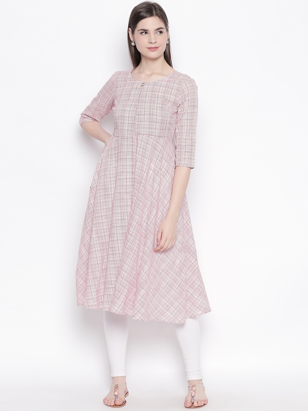 

RANGMANCH BY PANTALOONS Women Red & Off-White Checked Anarkali Kurta
