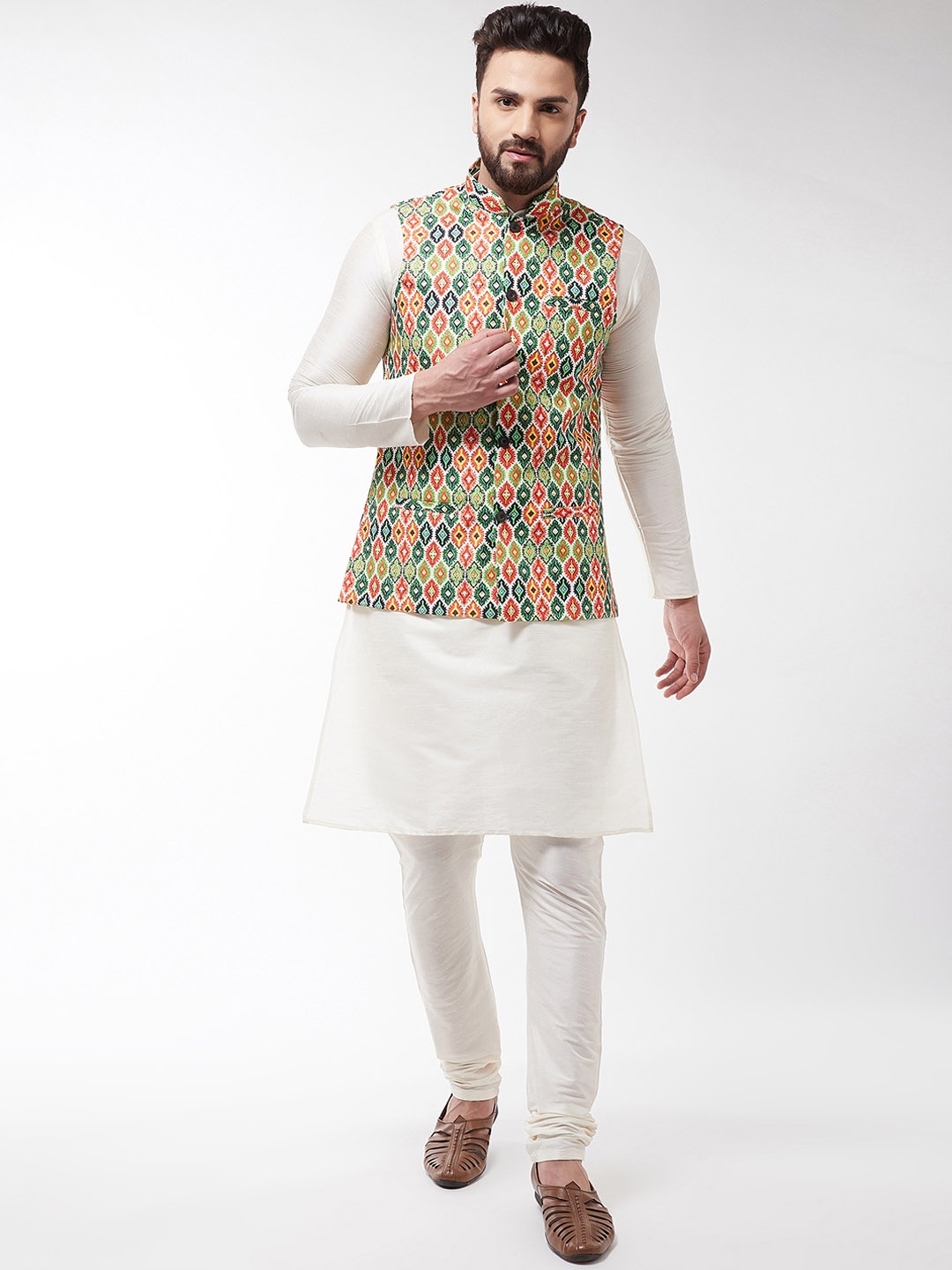 SOJANYA Men Off-White & Green Kurta with Churidar & Printed Nehru Jacket