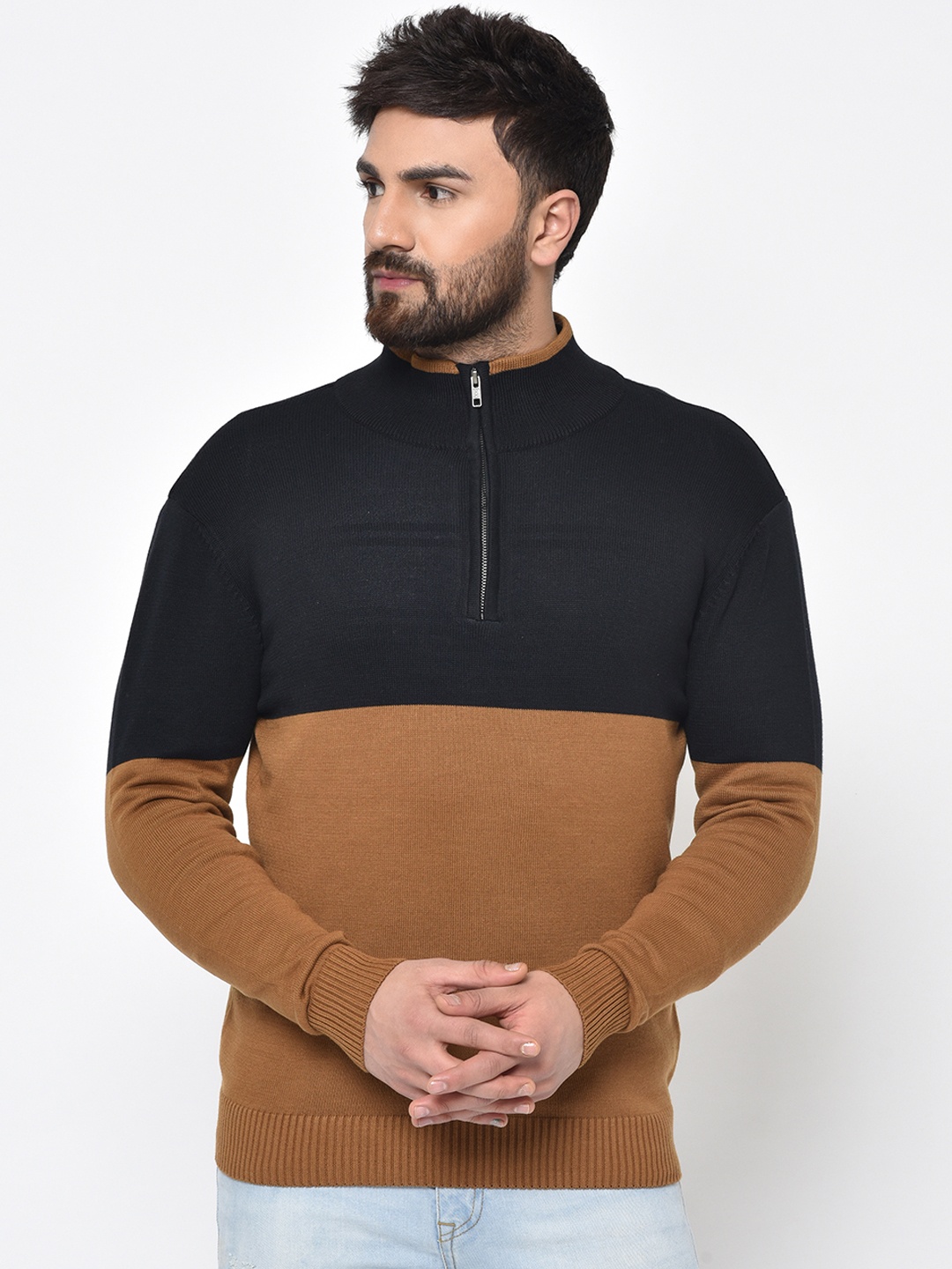 

ARMISTO Men Black & Mustard Brown Colourblocked Half Zipper Sweater