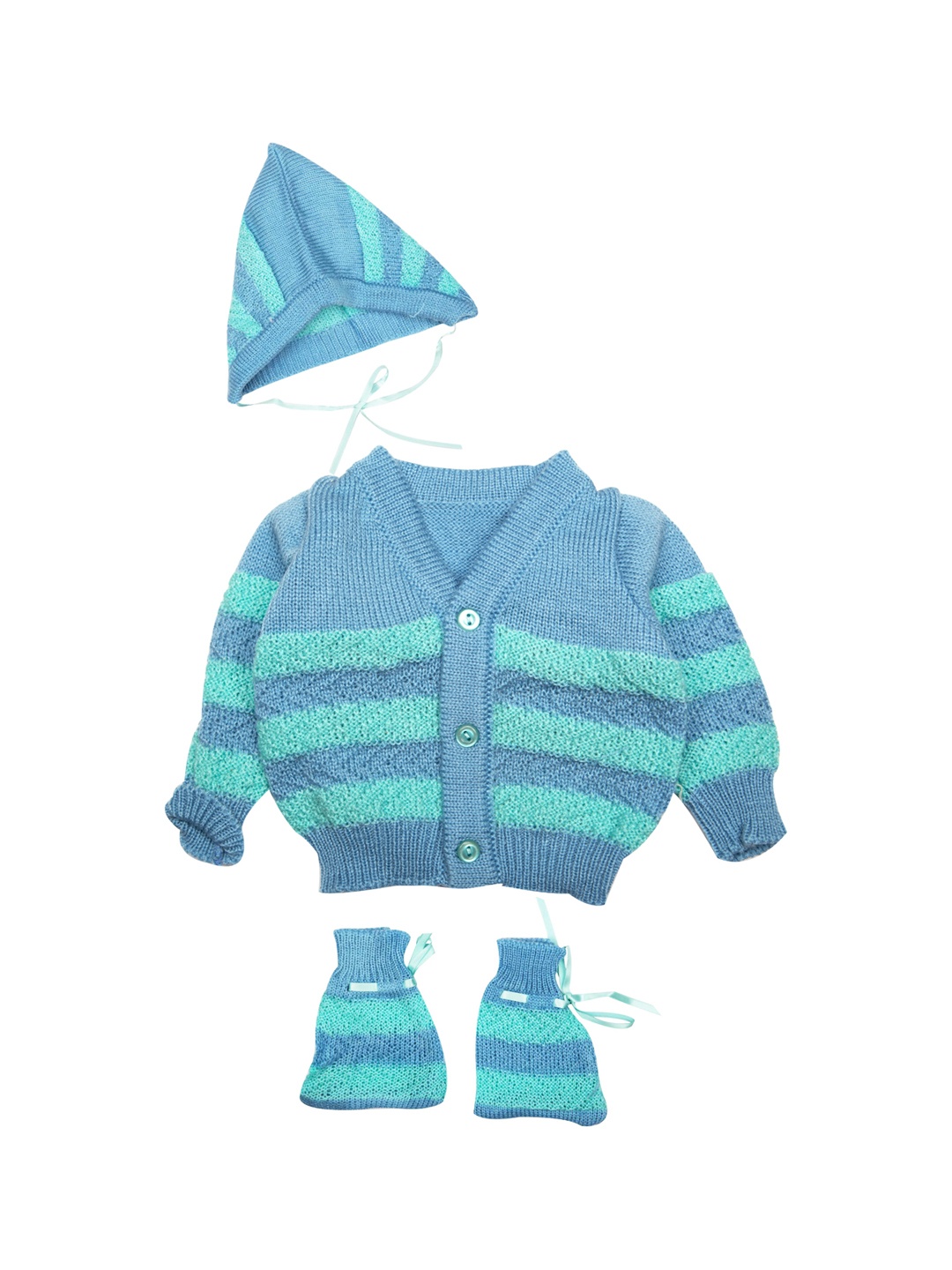 

MeeMee Boys Blue Striped Cardigan With Cap & Booties