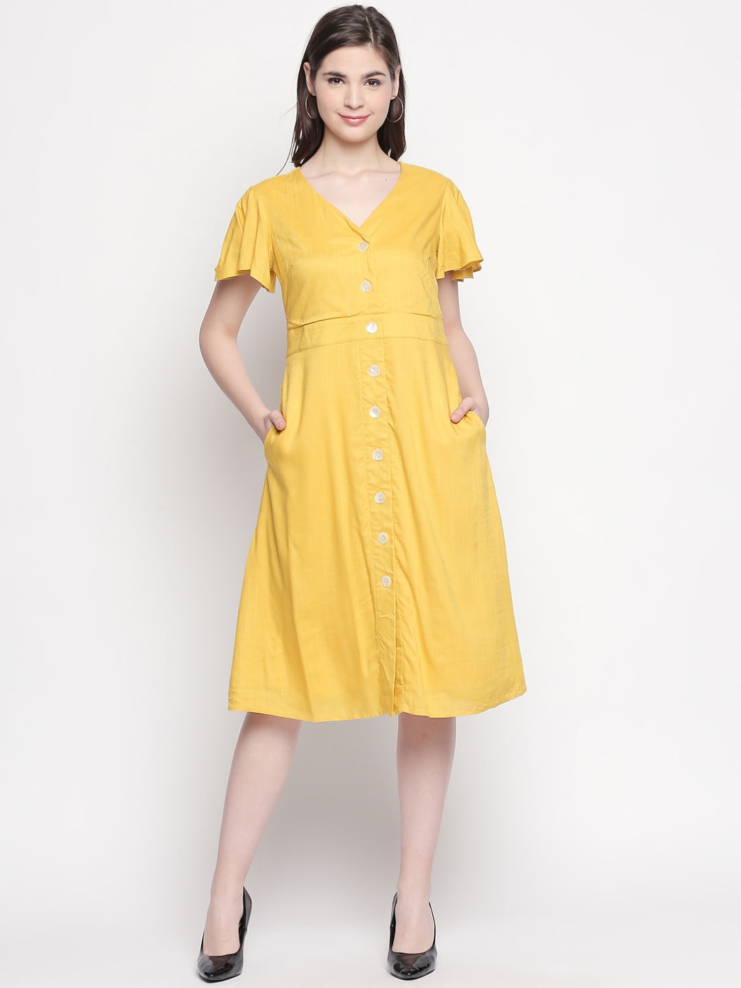 

Honey by Pantaloons Women Yellow Solid Fit and Flare Dress