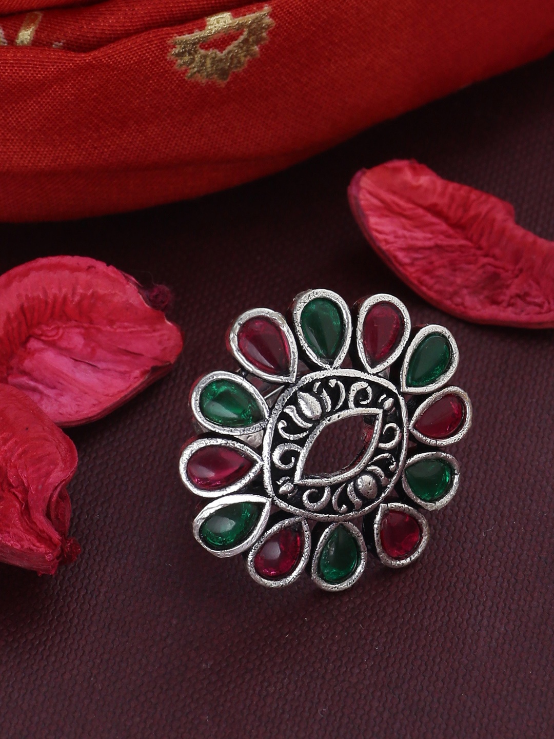 

Voylla Women Green & Red Silver-Plated Enameled Ring