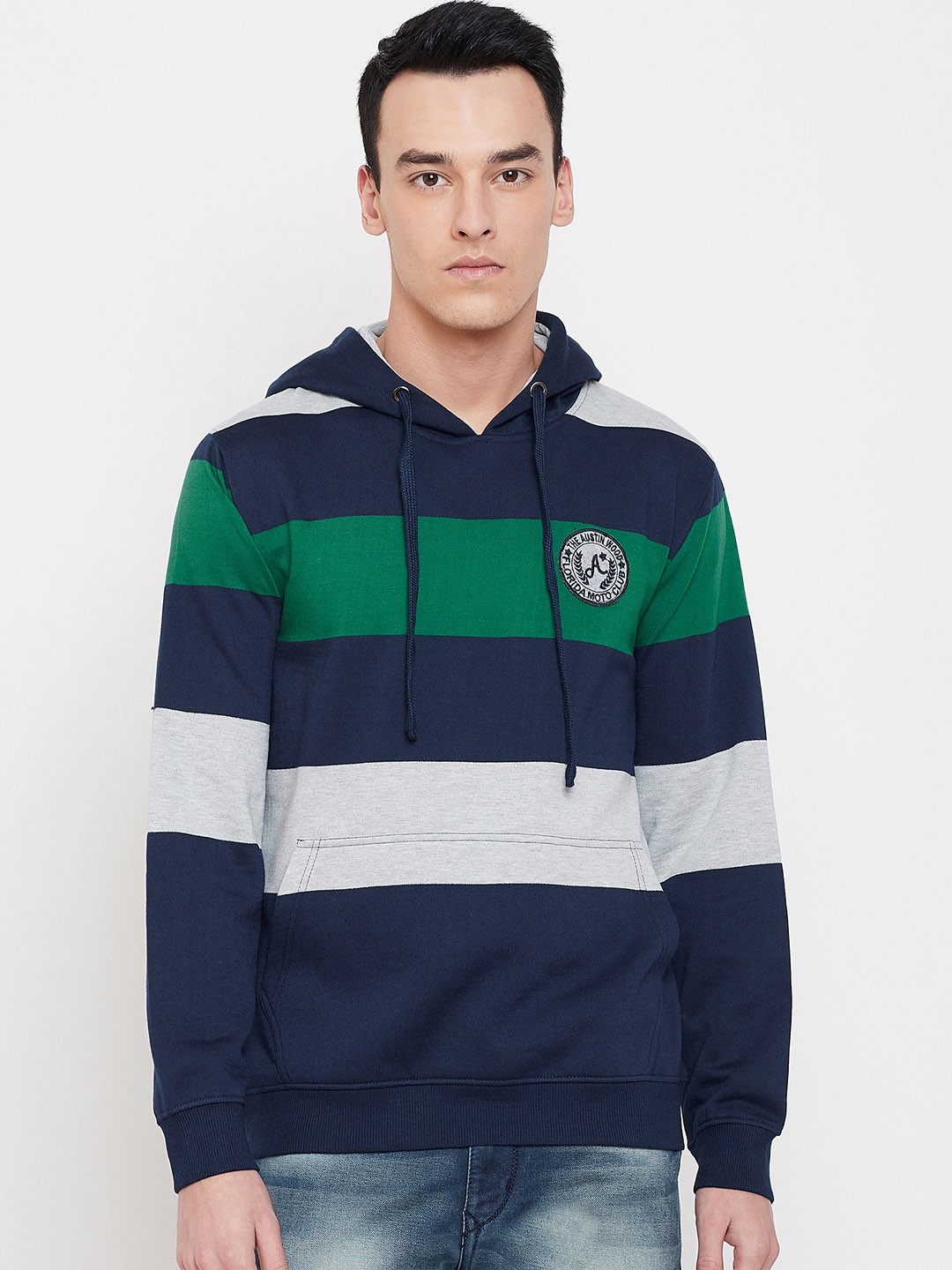 

Austin wood Men Blue & Green Striped Hooded Sweatshirt