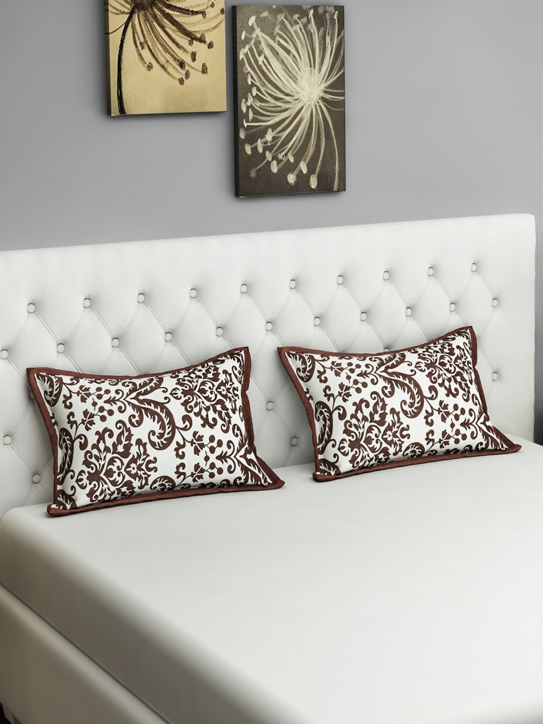 

SWAYAM Set of 2 Brown & White Floral Printed Pillow Covers