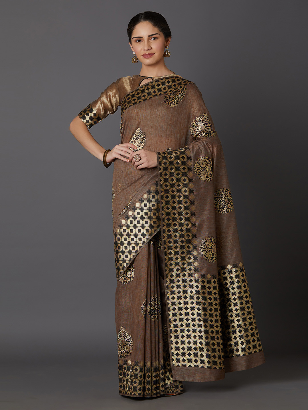 

Mitera Grey & Brown Woven Design Kanjeevaram Saree
