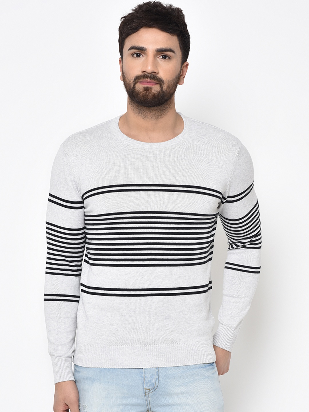

ARMISTO Men Grey & Black Striped Pullover Sweater