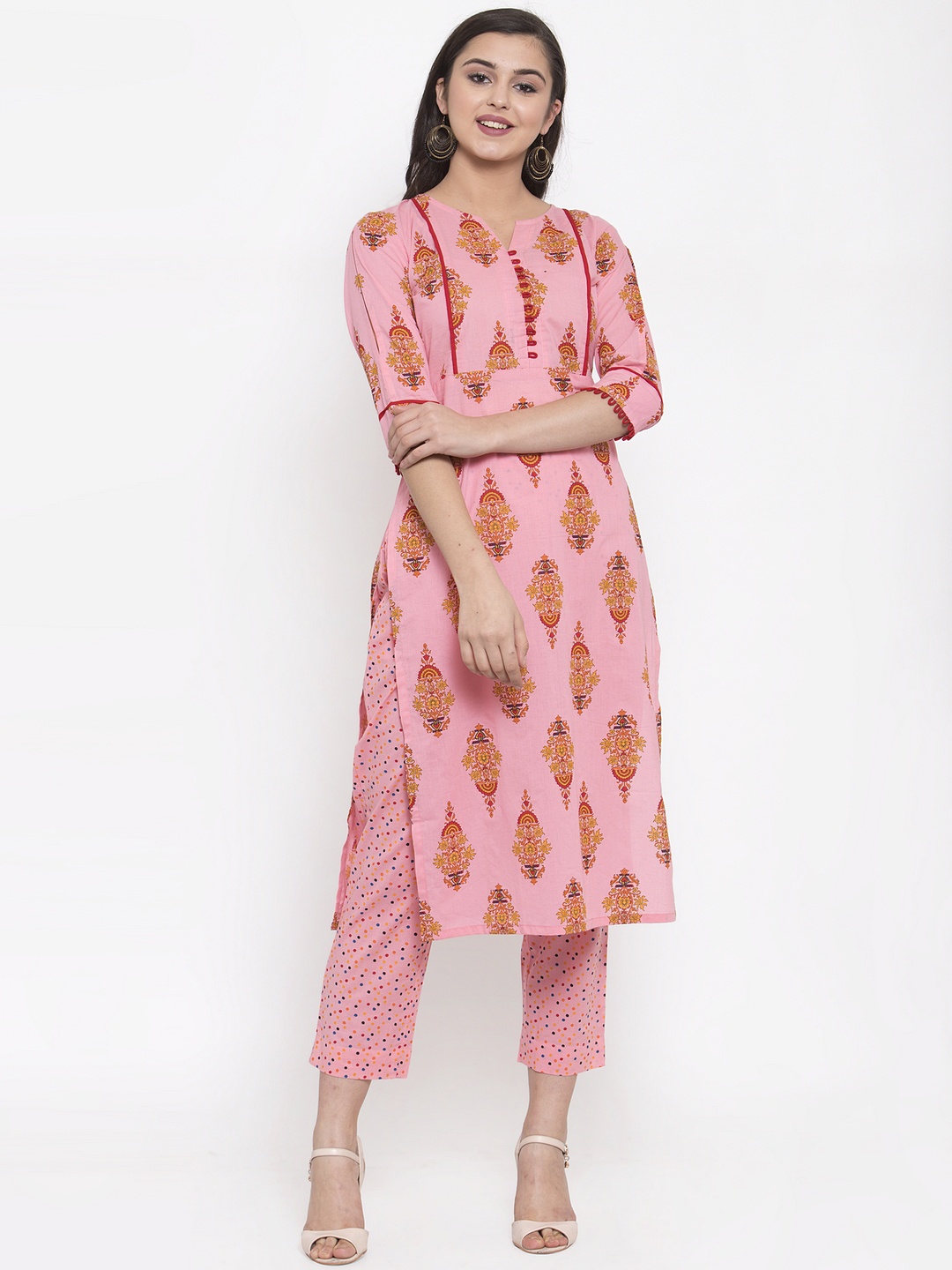 

Indibelle Women Pink Block Printed Straight Kurta