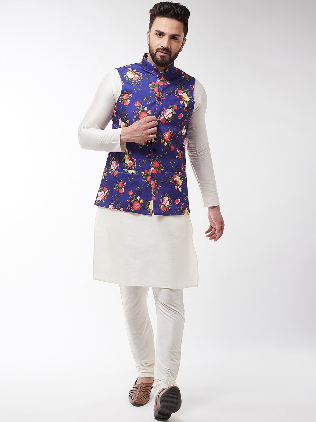 SOJANYA Men Off-White & Blue Printed Kurta with Churidar & Nehru Jacket