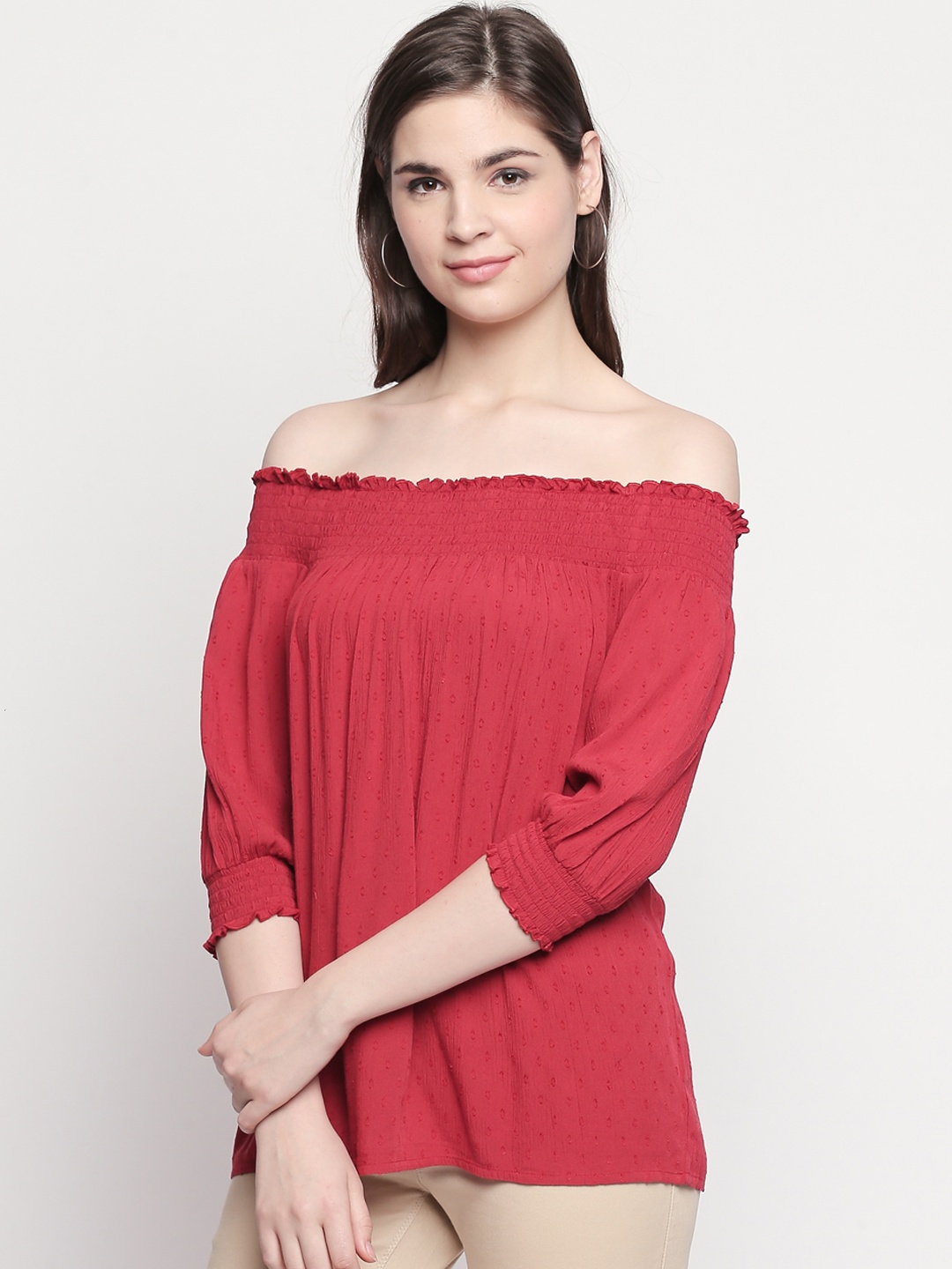 Honey by Pantaloons Women Rust Pink Solid Bardot Top