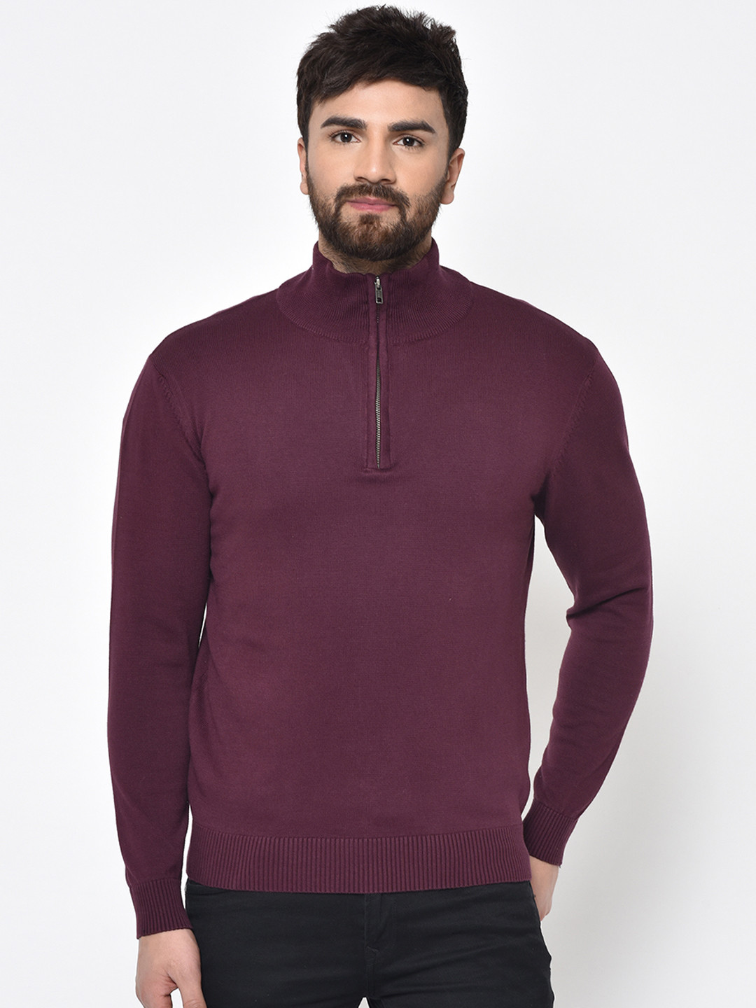 

ARMISTO Men Burgundy Solid Half Zipper Sweater