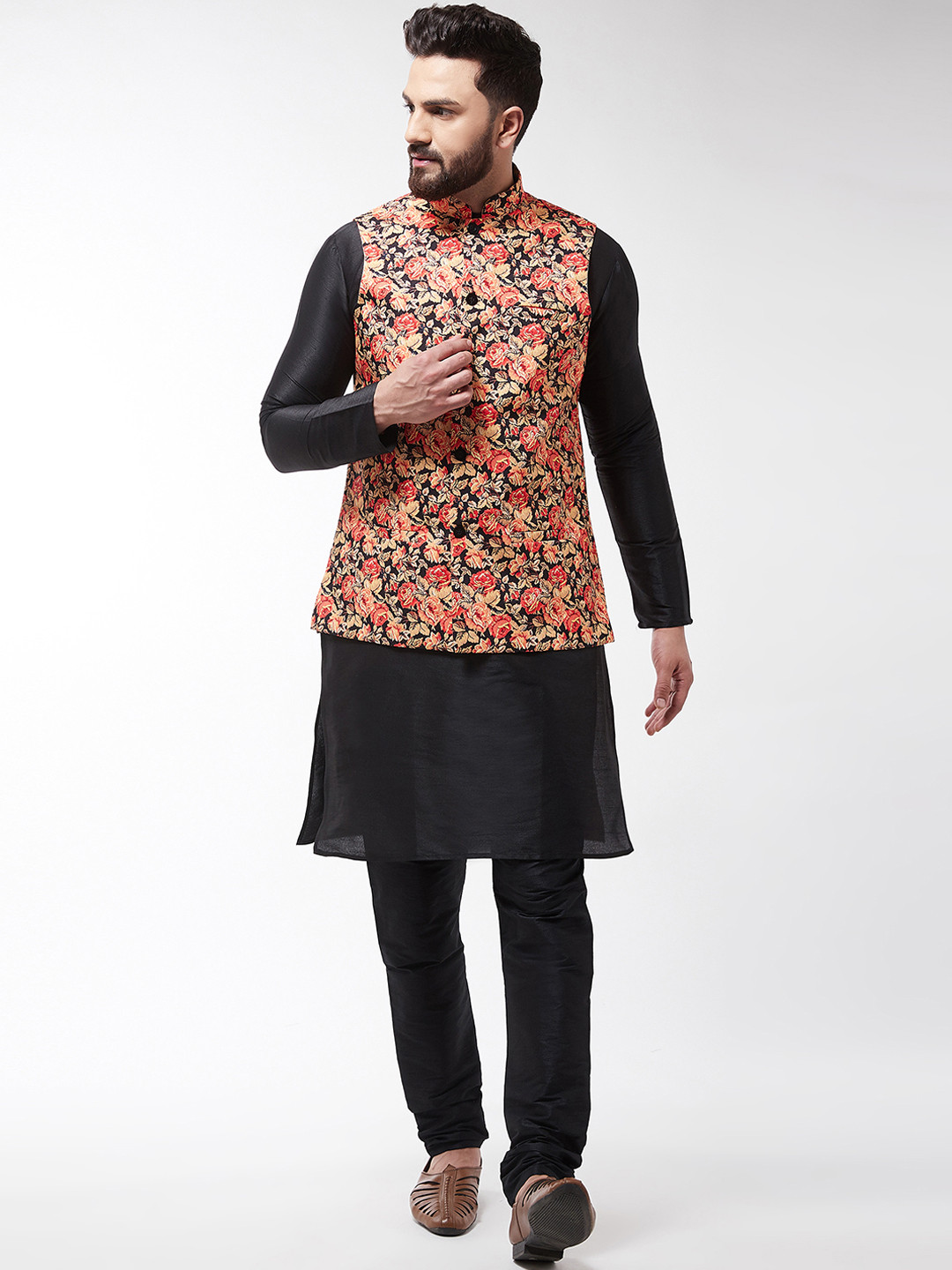 

SOJANYA Men Black & Orange Kurta with Churidar & Printed Nehru Jacket
