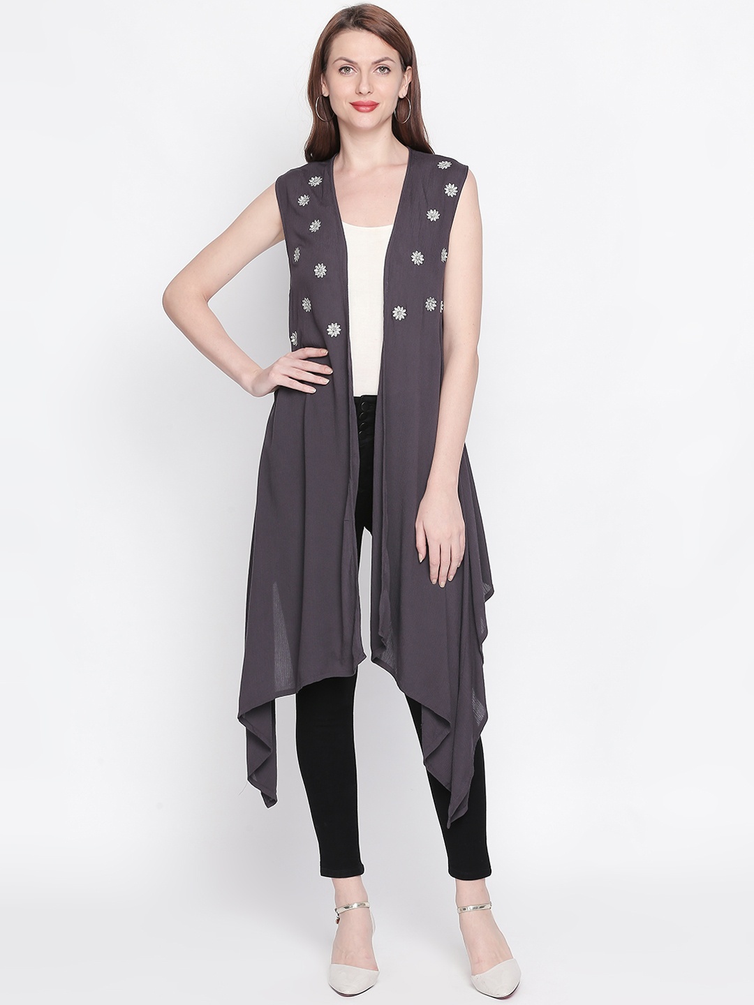 

AKKRITI BY PANTALOONS Women Charcoal Grey Solid Open Front Longline Shrug