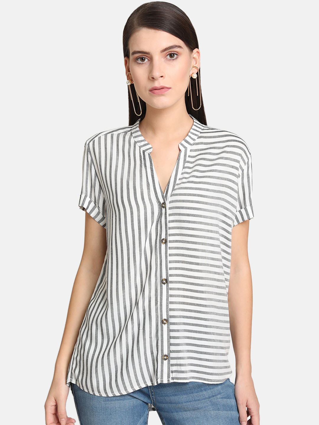 

Kazo Women White & Grey Regular Fit Striped Casual Shirt