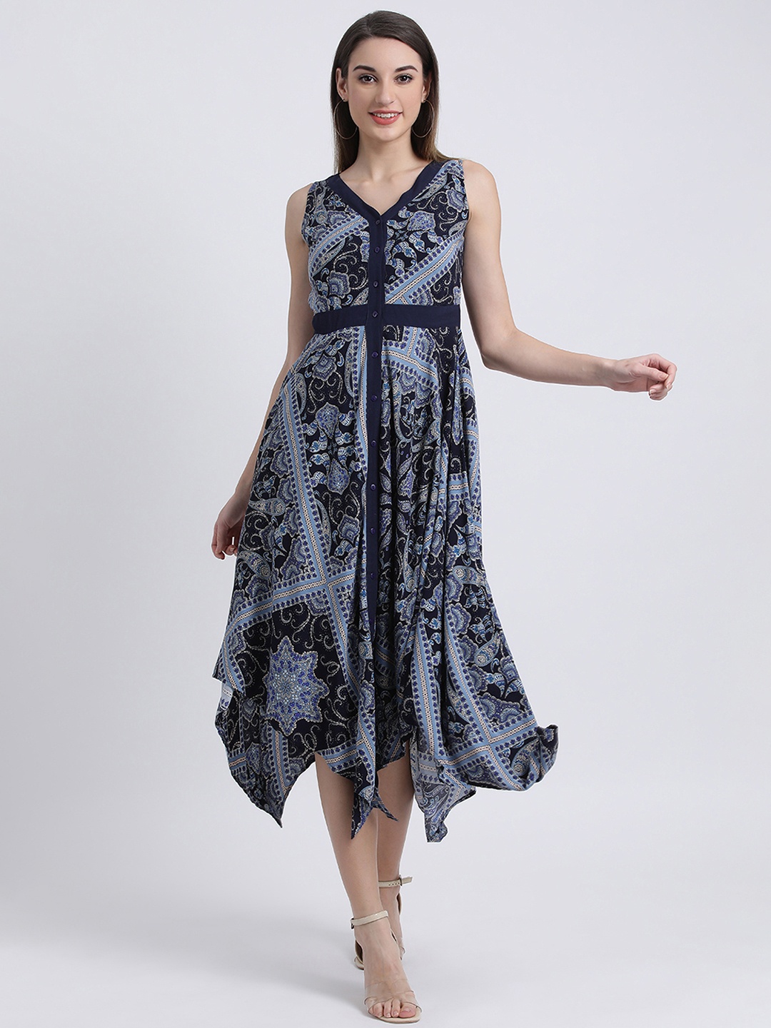 

Zink London Women Blue Bohemian Printed Fit and Flare Dress