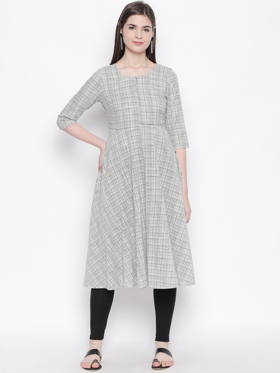 

RANGMANCH BY PANTALOONS Women Grey Checked Anarkali Kurta