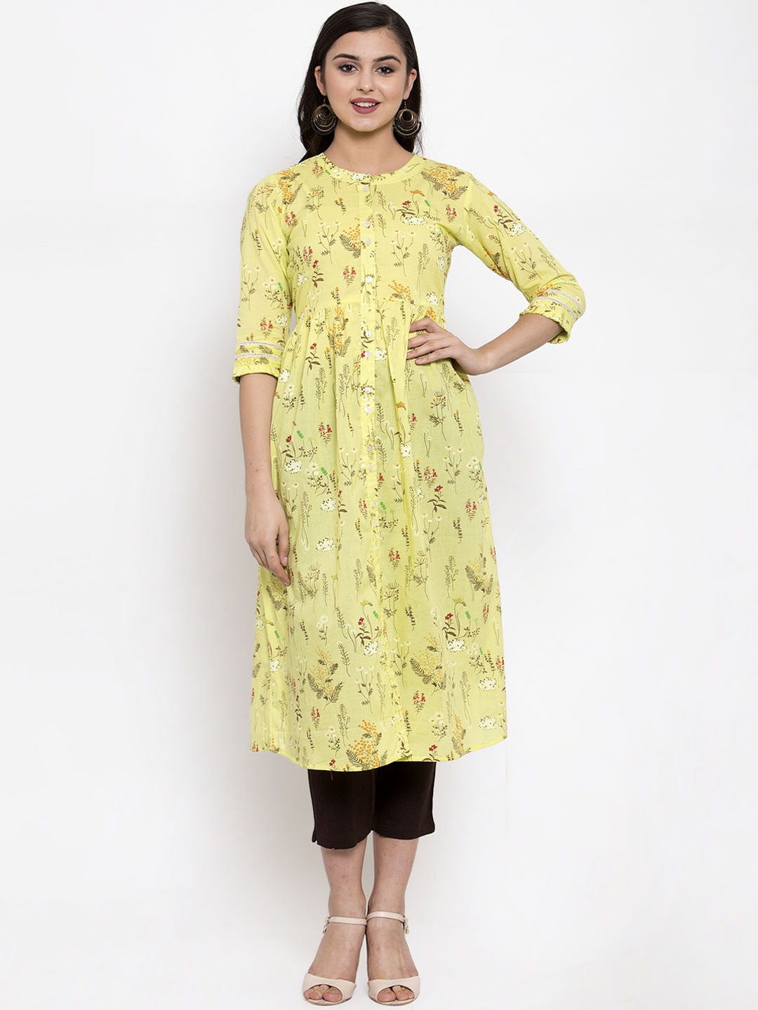 

Indibelle Women Yellow Floral Printed A-Line Kurta