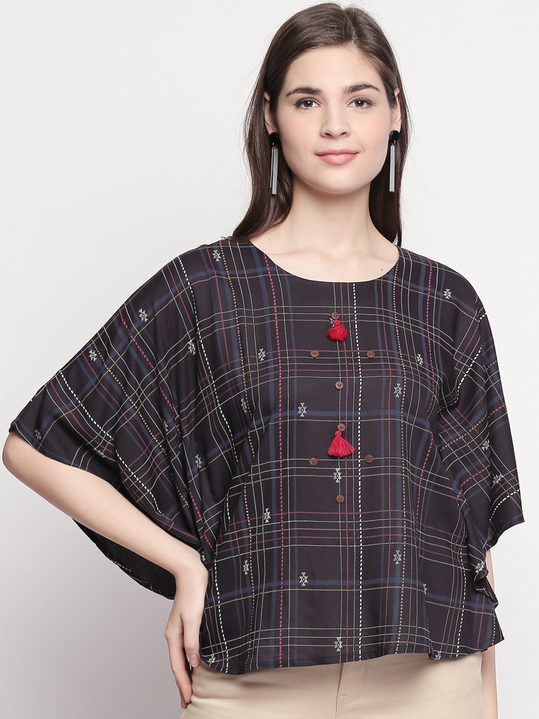

AKKRITI BY PANTALOONS Women Charcoal Checked Kaftan Top